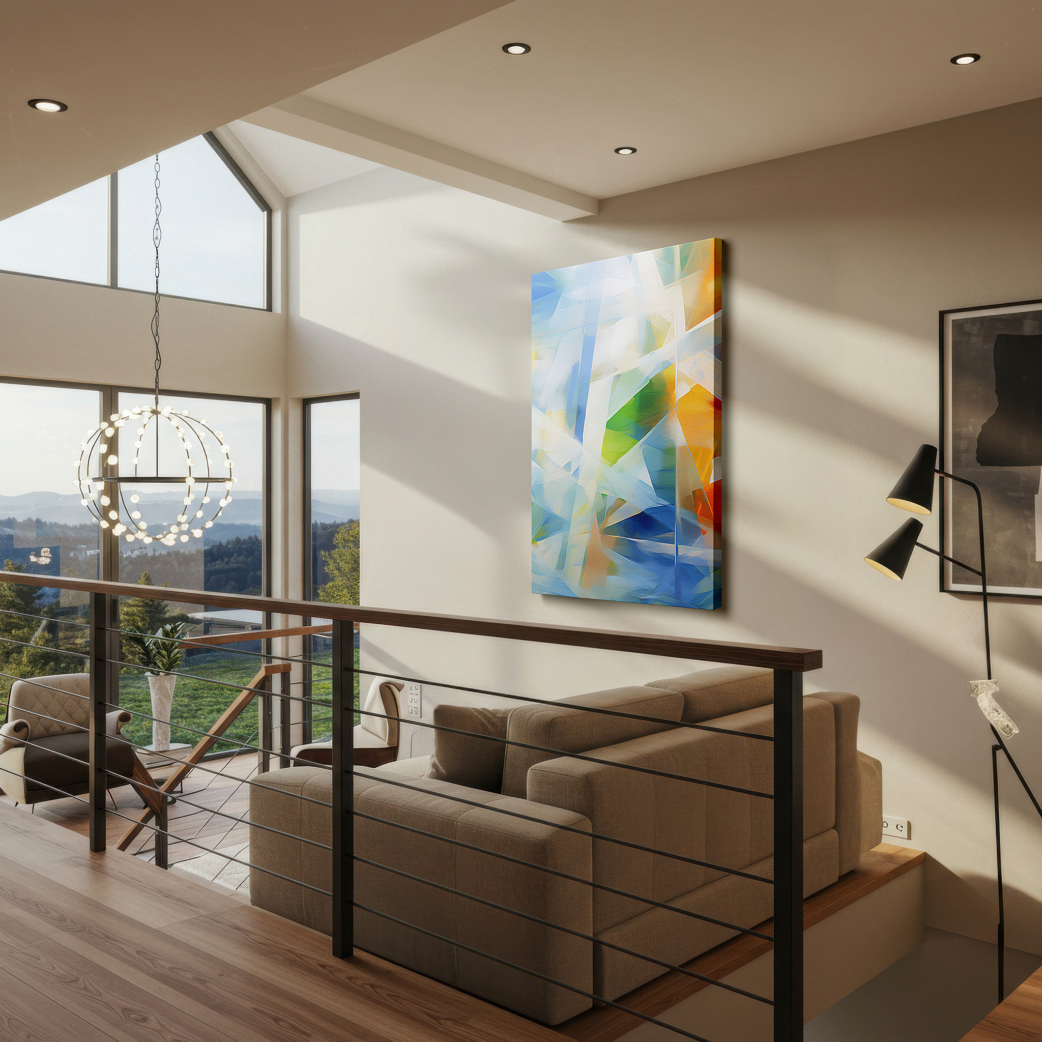 Presented on a clean white gallery wall with ample space — a celebration of human creativity and emotion: vibrant colors and geometric shapes in large wall art, canvas wall art, and office wall decor