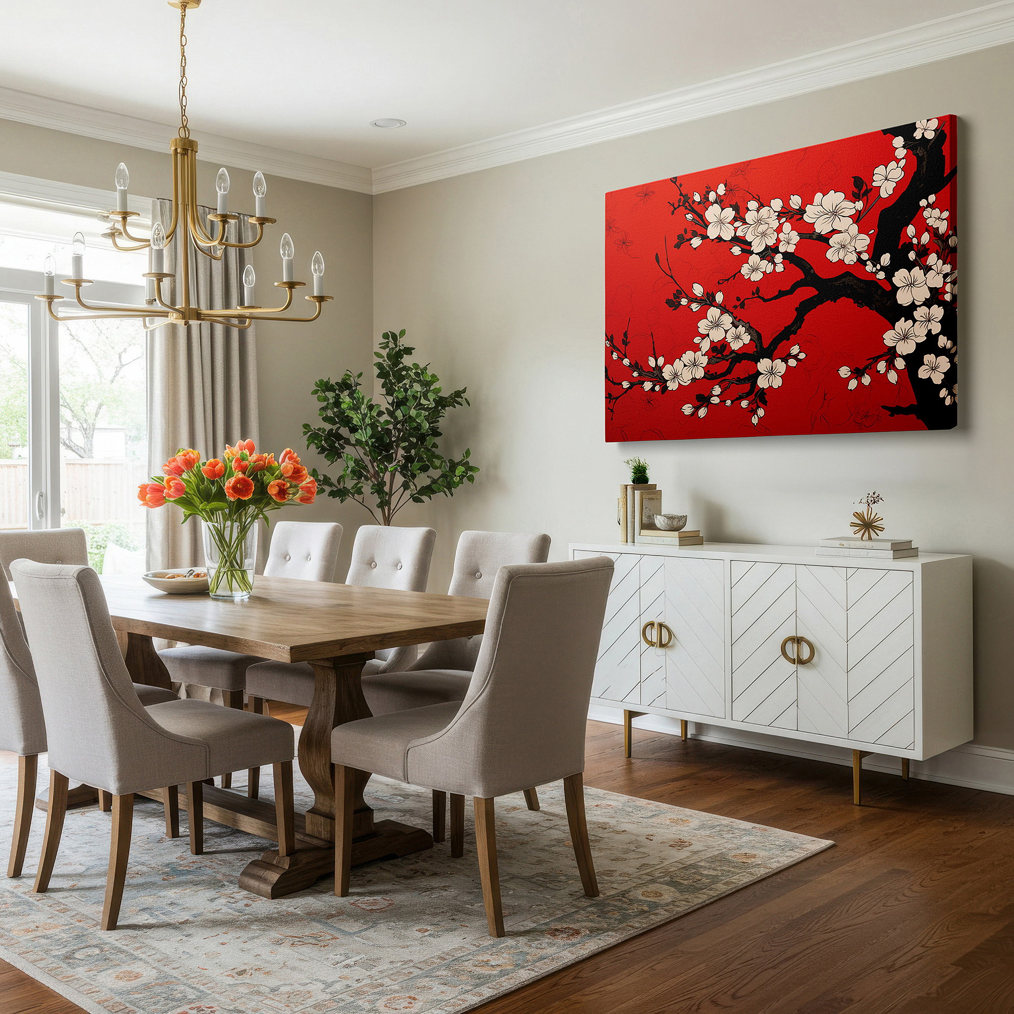 Presented on a clean white gallery wall with ample space — cherry blossoms of renewal on vibrant red background large canvas wall art for office and bedroom decor