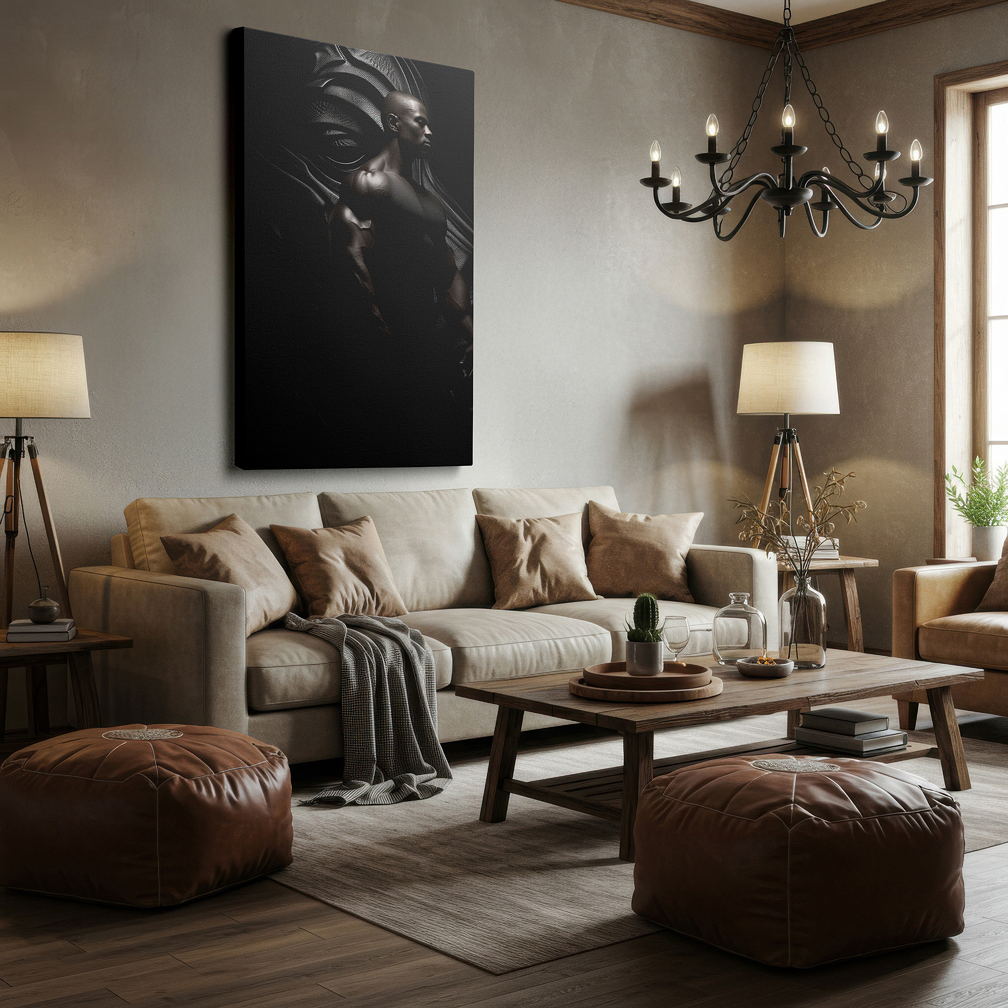 Presented on a clean white gallery wall with ample space — chiaroscuro muscular figure: a bold expression of strength and contemplation - large wall art, canvas wall art, wall decor for office and bedroom