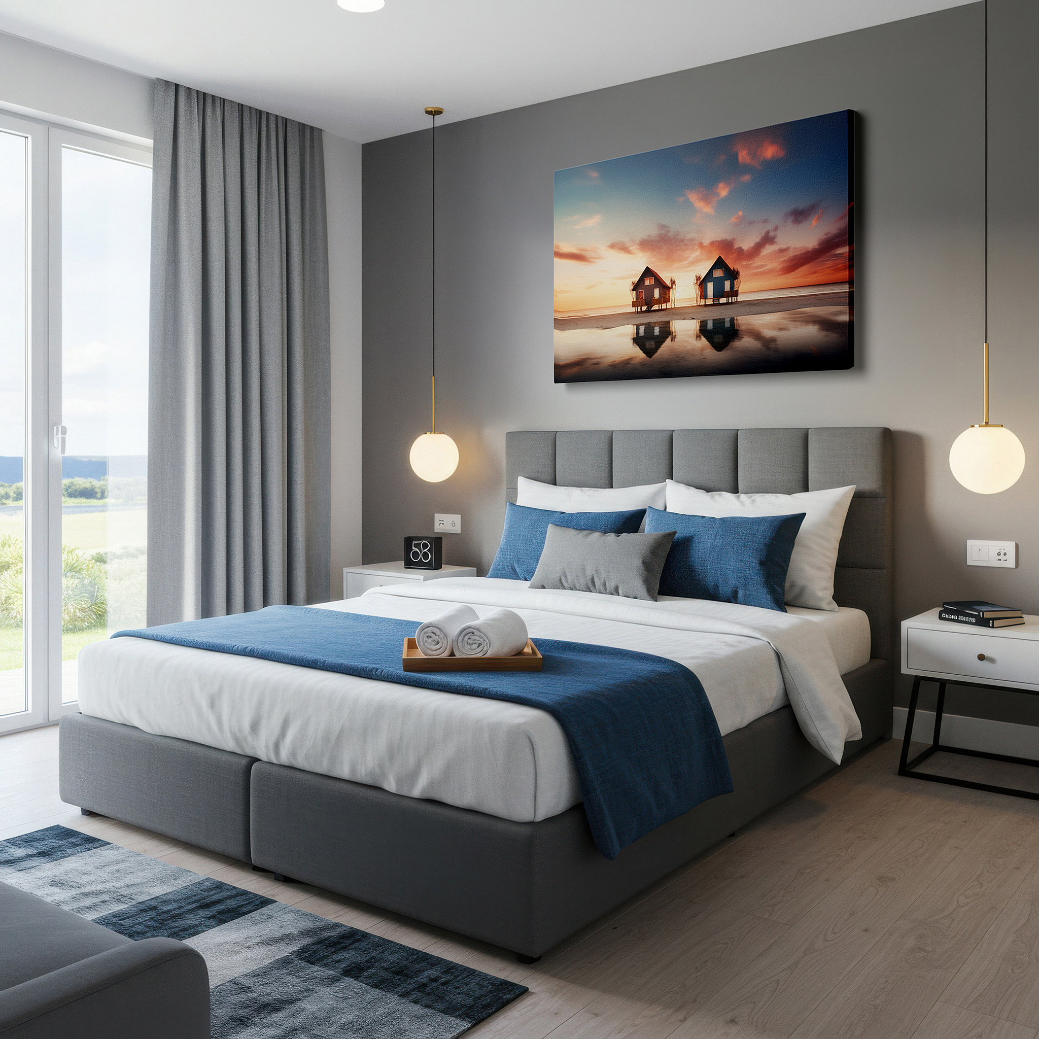 Presented on a clean white gallery wall with ample space — coastal serenity: seaside cabin sunset large wall art, canvas decor for office, bedroom, and living room