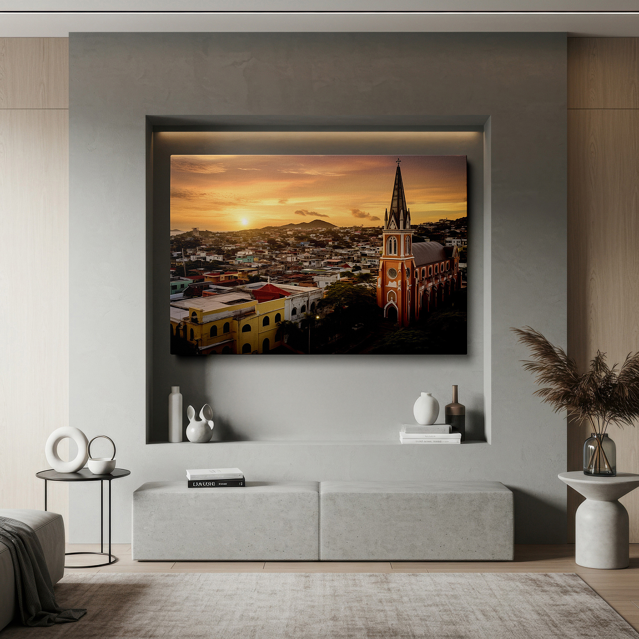 Presented on a clean white gallery wall with ample space — coastal town sunset serenity: fiery hues and tranquil silhouettes - large canvas wall art for home and office decor