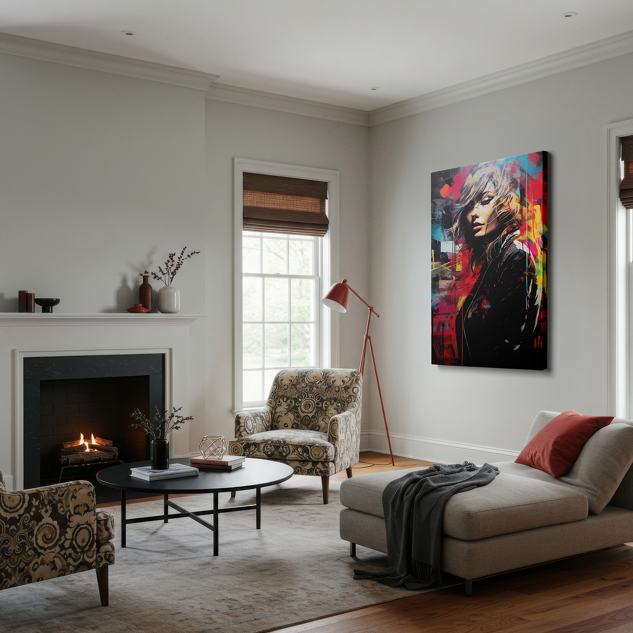 Presented on a clean white gallery wall with ample space — contemporary female in city turmoil, vibrant and emotional large wall art, canvas wall art, wall decor for office and bedroom