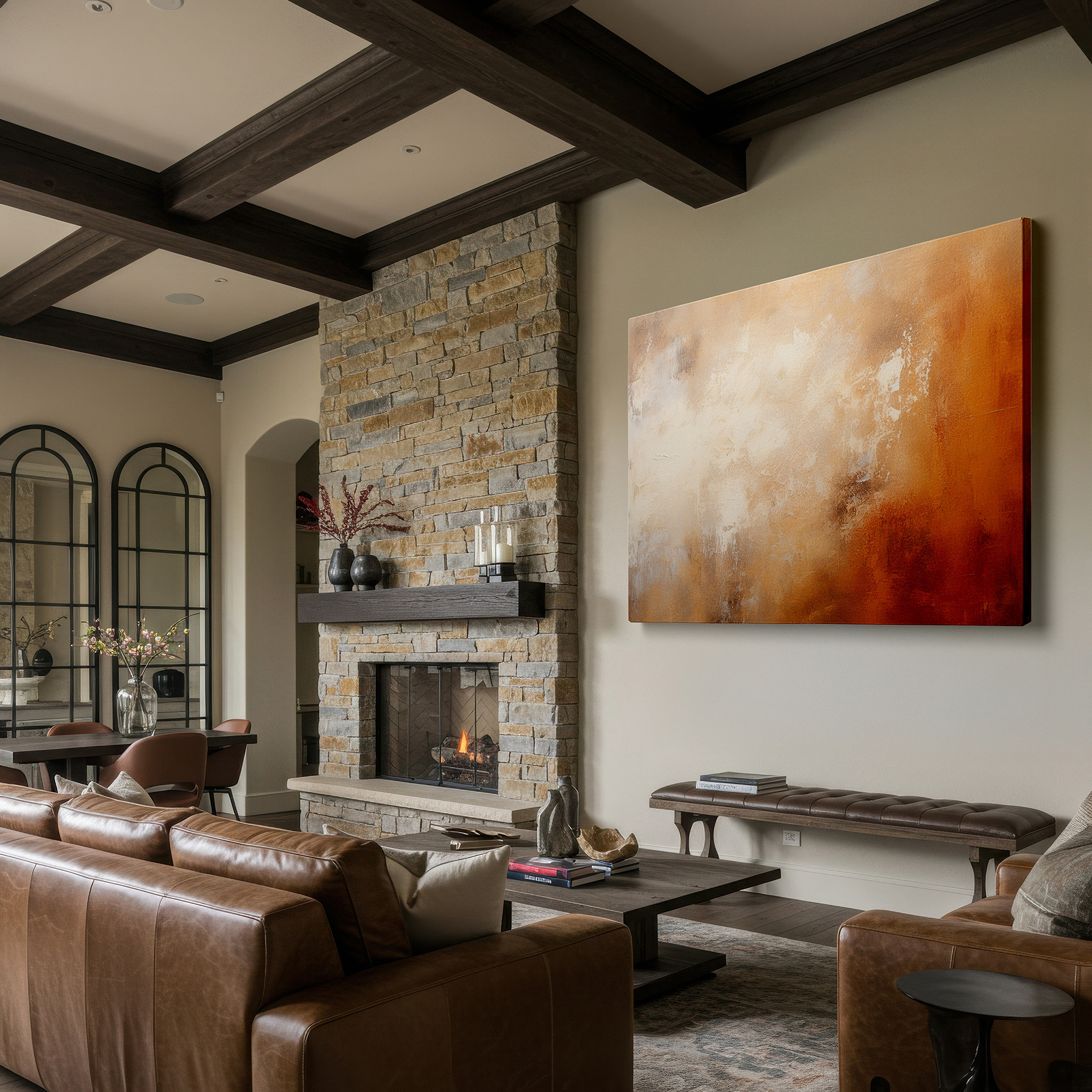 Presented on a clean white gallery wall with ample space — a cozy retreat featuring earth tones and textured comfort with large wall art for offices, bedrooms, and living rooms