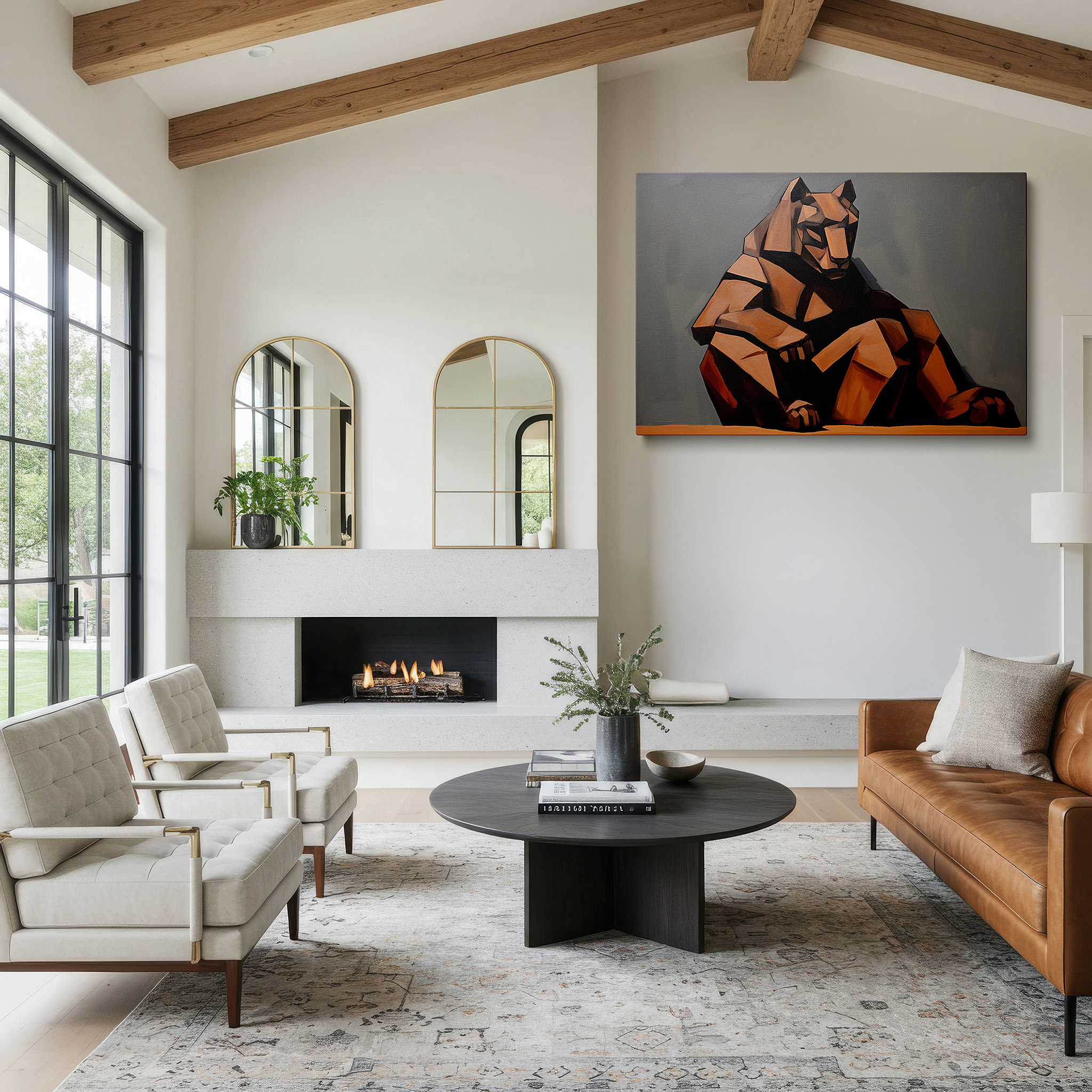Presented on a clean white gallery wall with ample space — cubist-style majestic lion, serene yet dynamic abstract expression, large canvas wall art for office and bedroom decor