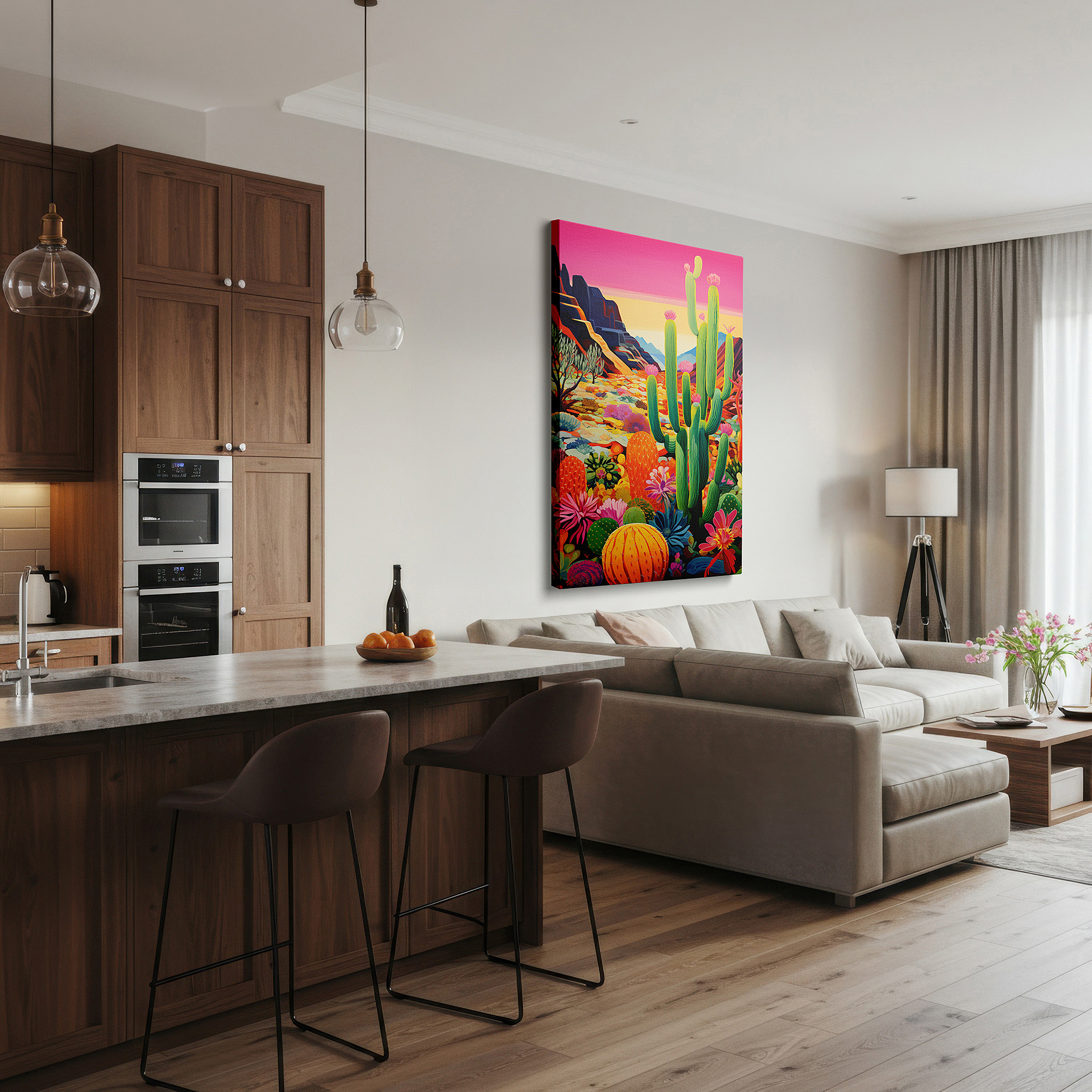 Presented on a clean white gallery wall with ample space — desert majesty: tranquil and vibrant nature scene with cacti and mountain vistas - large canvas wall art for office decor