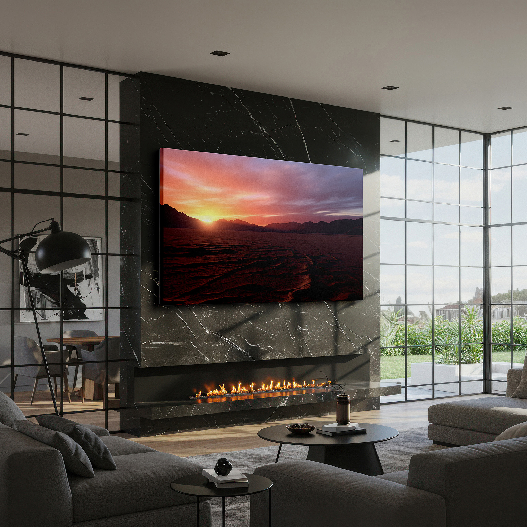 Presented on a clean white gallery wall with ample space — desert sunset - tranquil scenery bathed in nature's golden light, large canvas wall art for home and office decor
