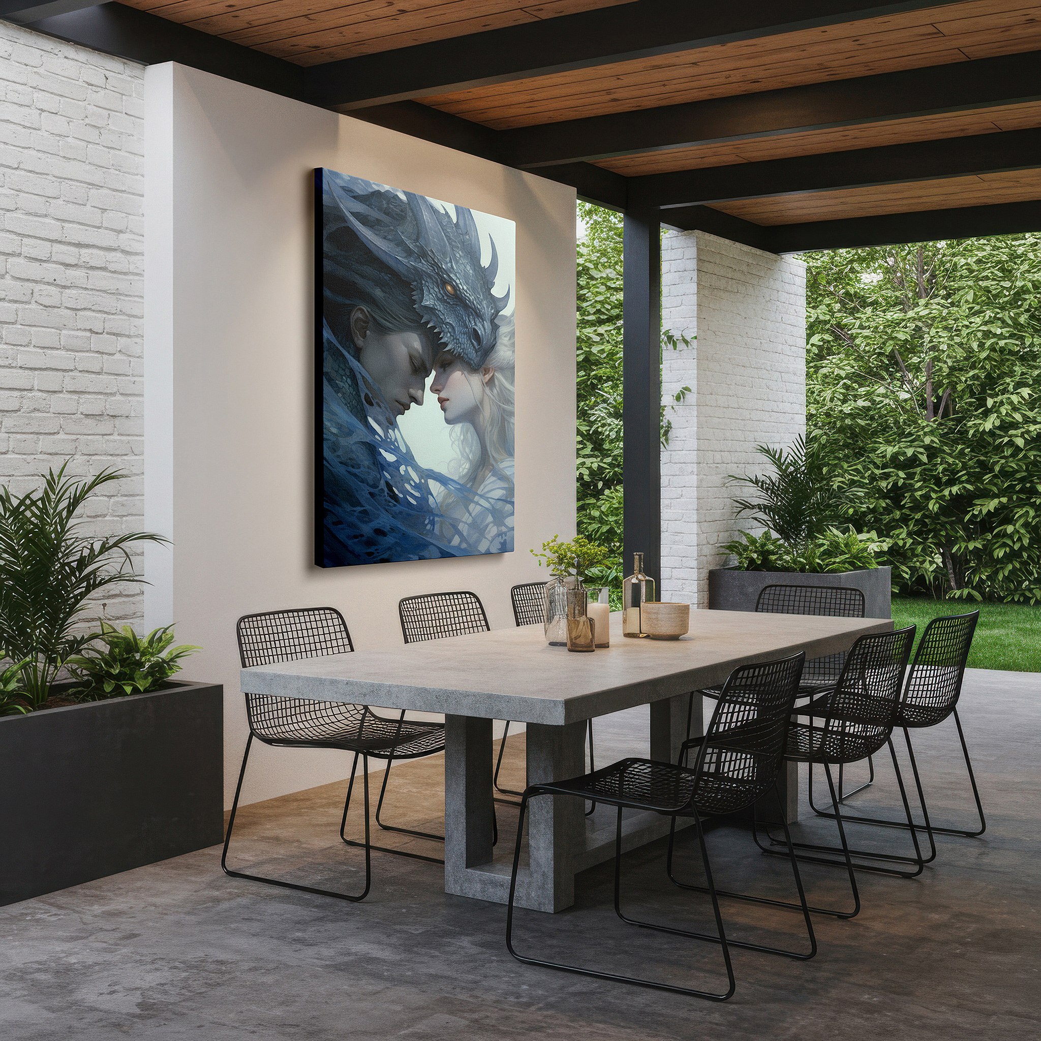 Presented on a clean white gallery wall with ample space — dragon encounter canvas print: a mystical blend of power and serenity for home and office decor