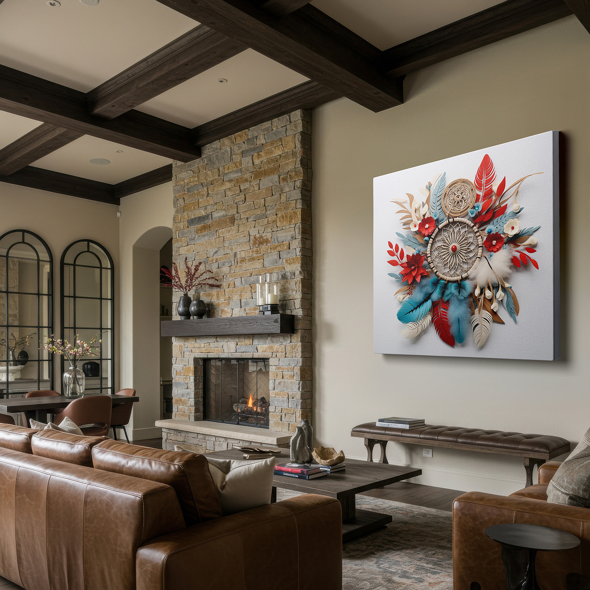 Presented on a clean white gallery wall with ample space — dreamcatcher with blooming flowers and delicate feathers: a symbol of peace and spiritual connection - large canvas wall art decor