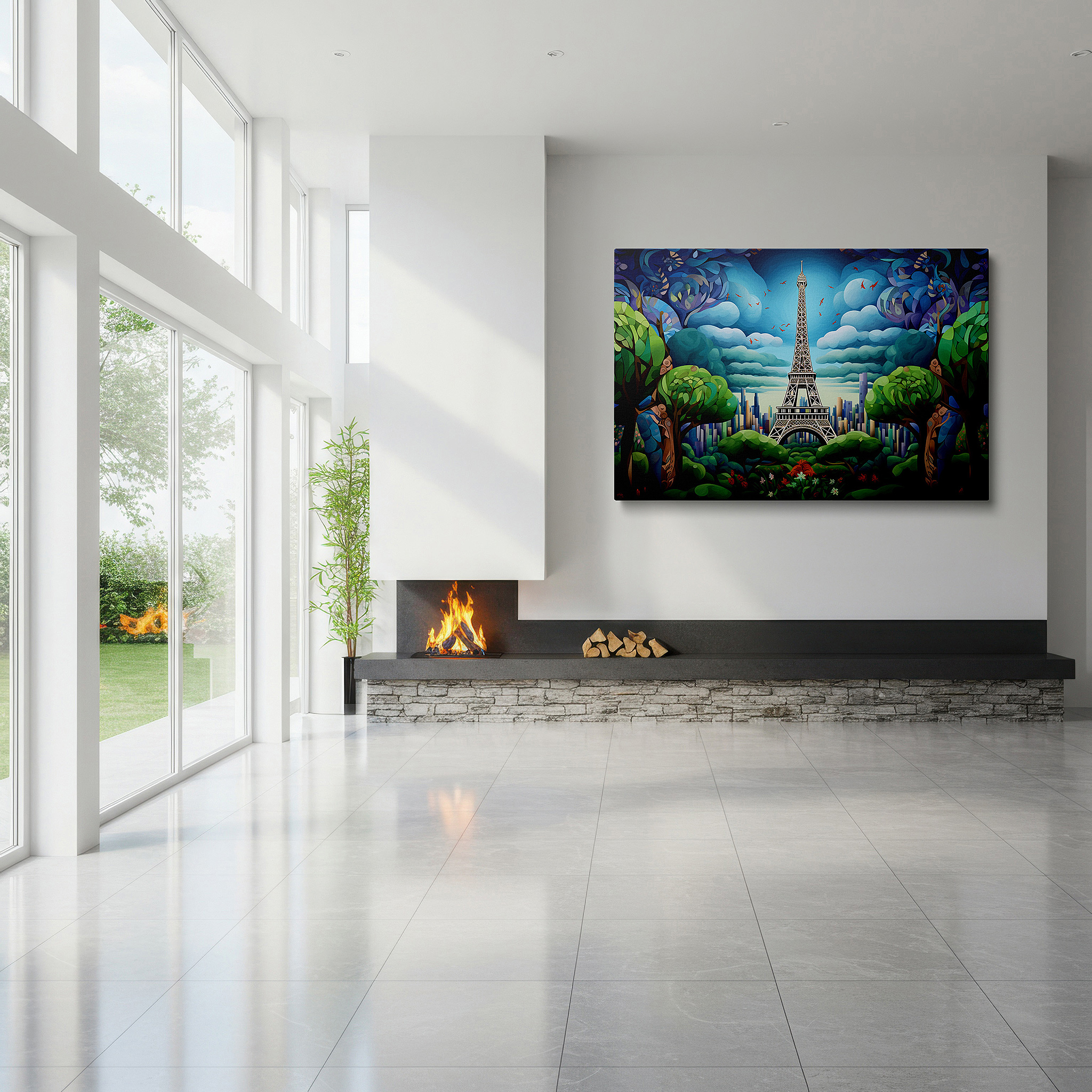 Presented on a clean white gallery wall with ample space — dreamlike paris - a surreal eiffel tower surrounded by nature large wall art, canvas wall art, wall decor for office and bedroom