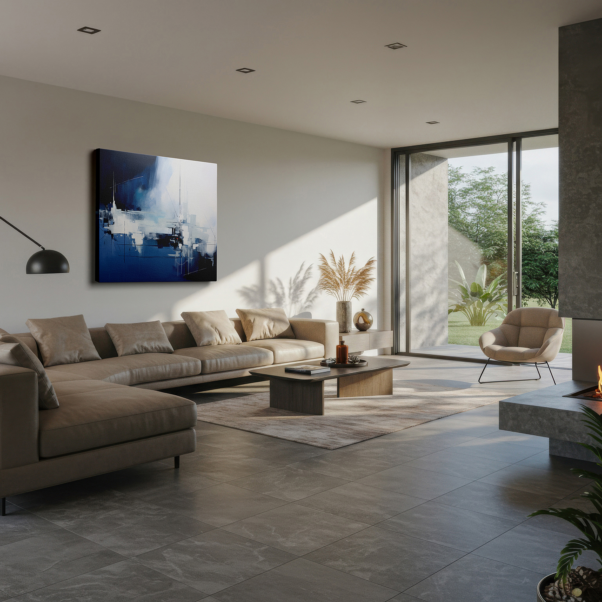 Presented on a clean white gallery wall with ample space — dynamic abstract dance of blue and white: a visual and intellectual feast - large canvas wall art for office and bedroom decor