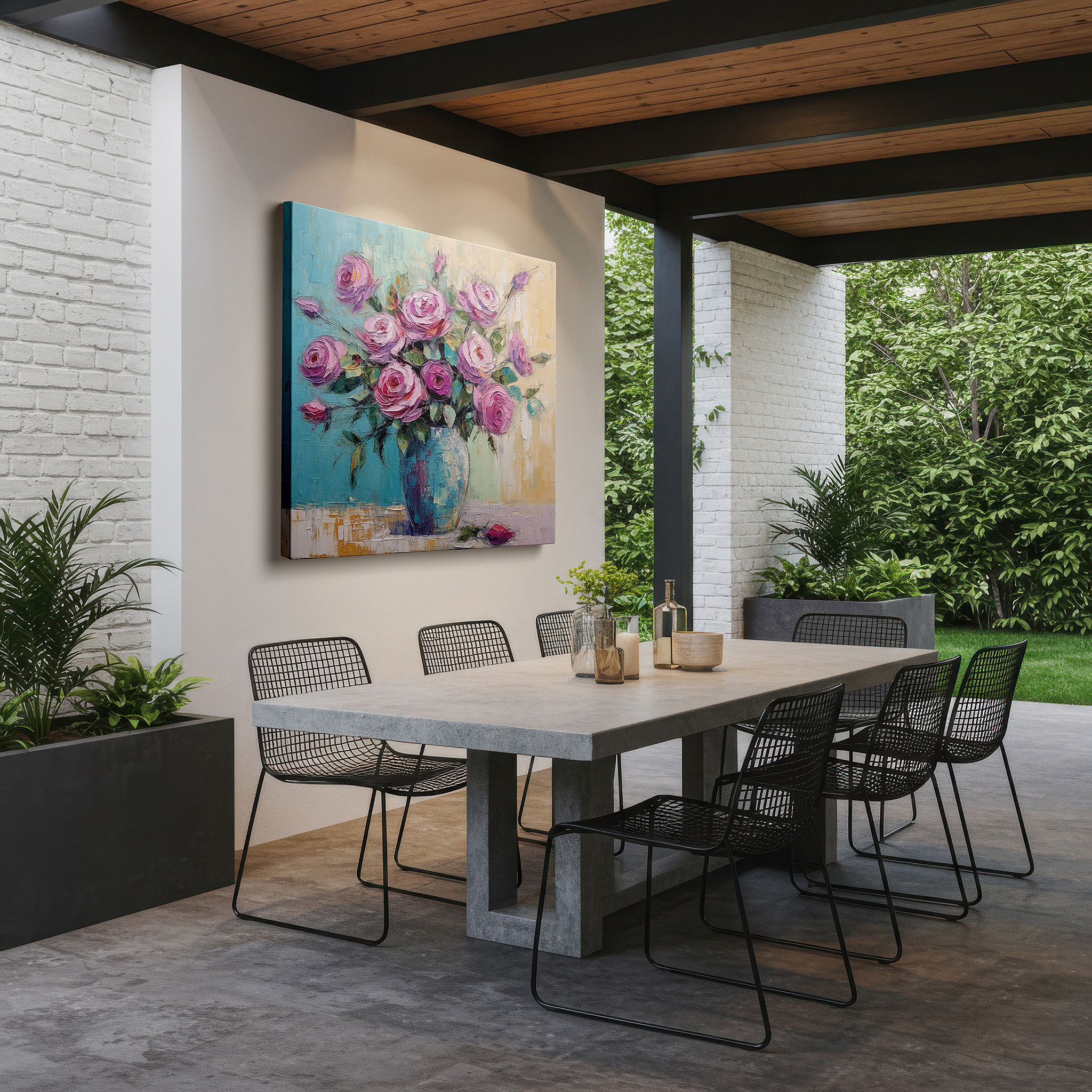 Presented on a clean white gallery wall with ample space — elegant pink roses in a crafted vase with dreamlike abstract background - large canvas wall art for office and bedroom decor
