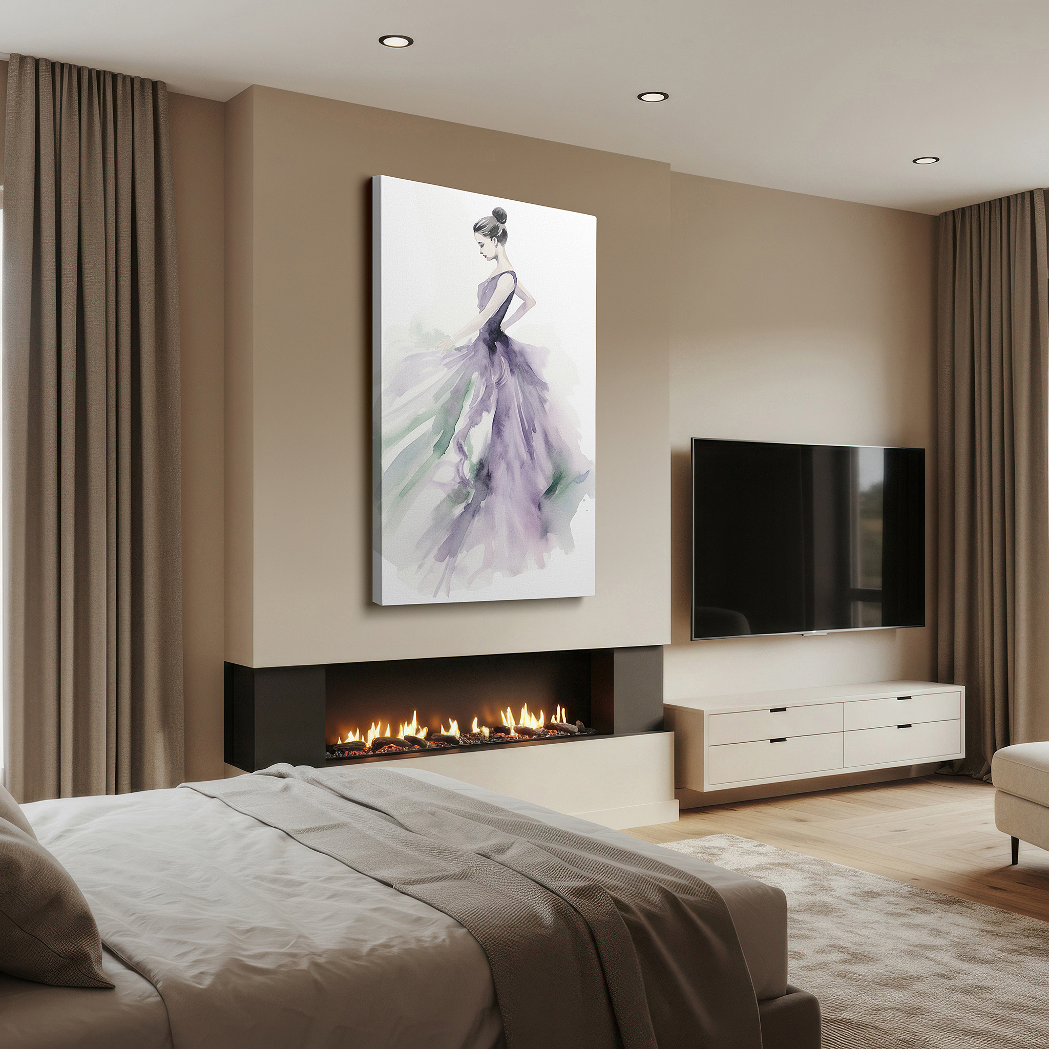 Presented on a clean white gallery wall with ample space — elegant purple grace - watercolor light and shadow dance large wall art, canvas decor for office and bedroom