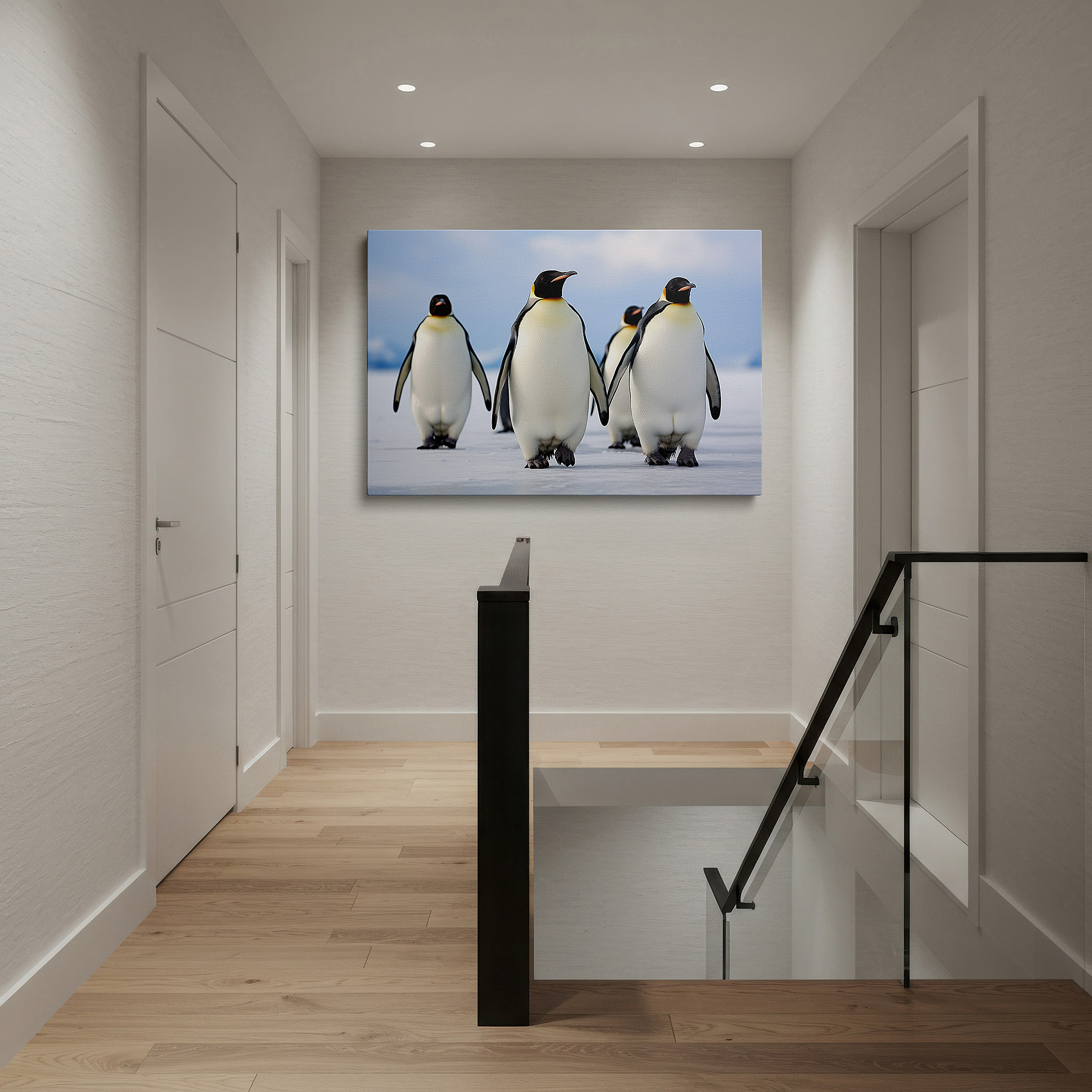 Presented on a clean white gallery wall with ample space — emperor penguins canvas print: large wall art for office, bedroom, and living room decor, featuring antarctica's icy landscape