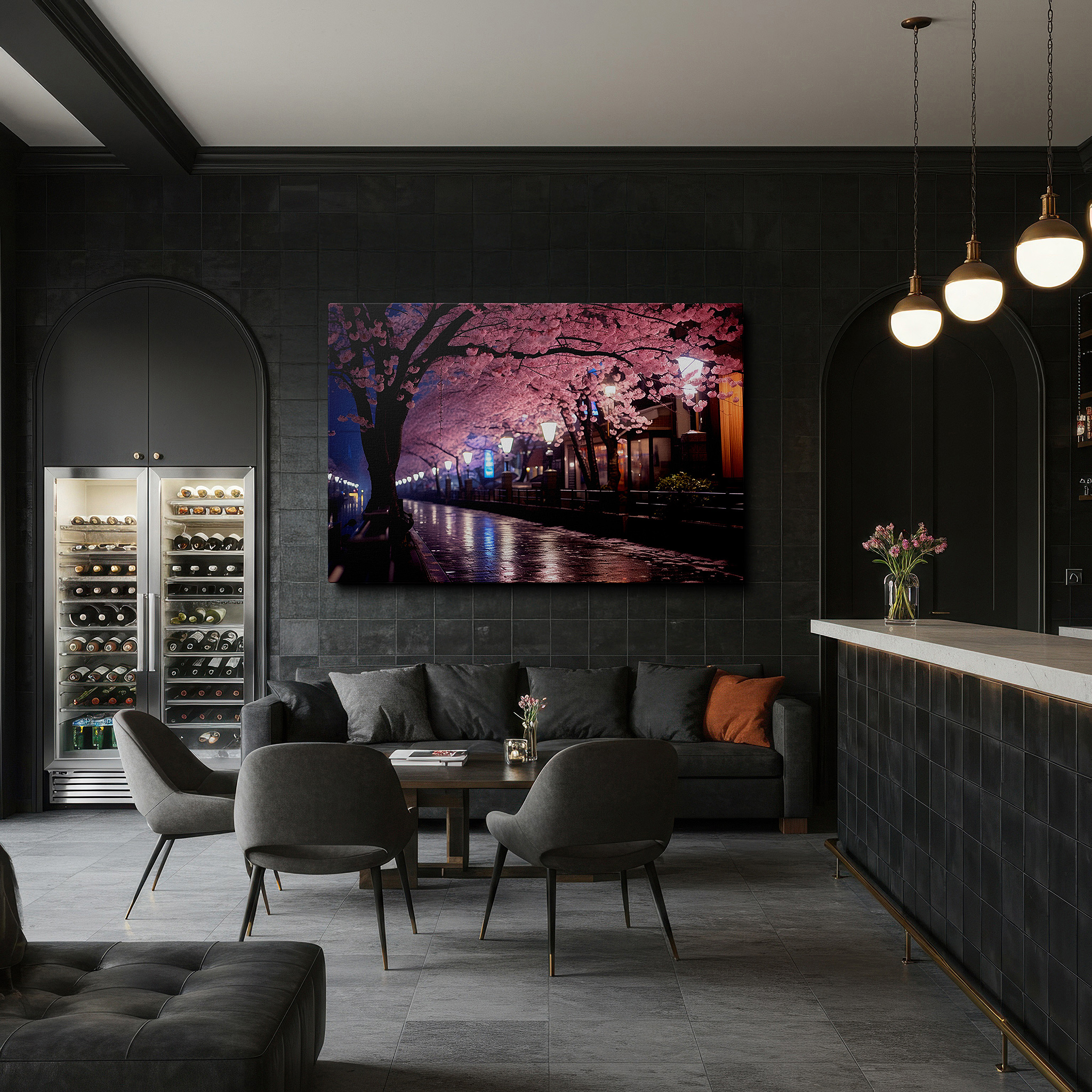Presented on a clean white gallery wall with ample space — enchanted evening walk beneath lit cherry blossoms large wall art, canvas wall art, wall decor for office and bedroom