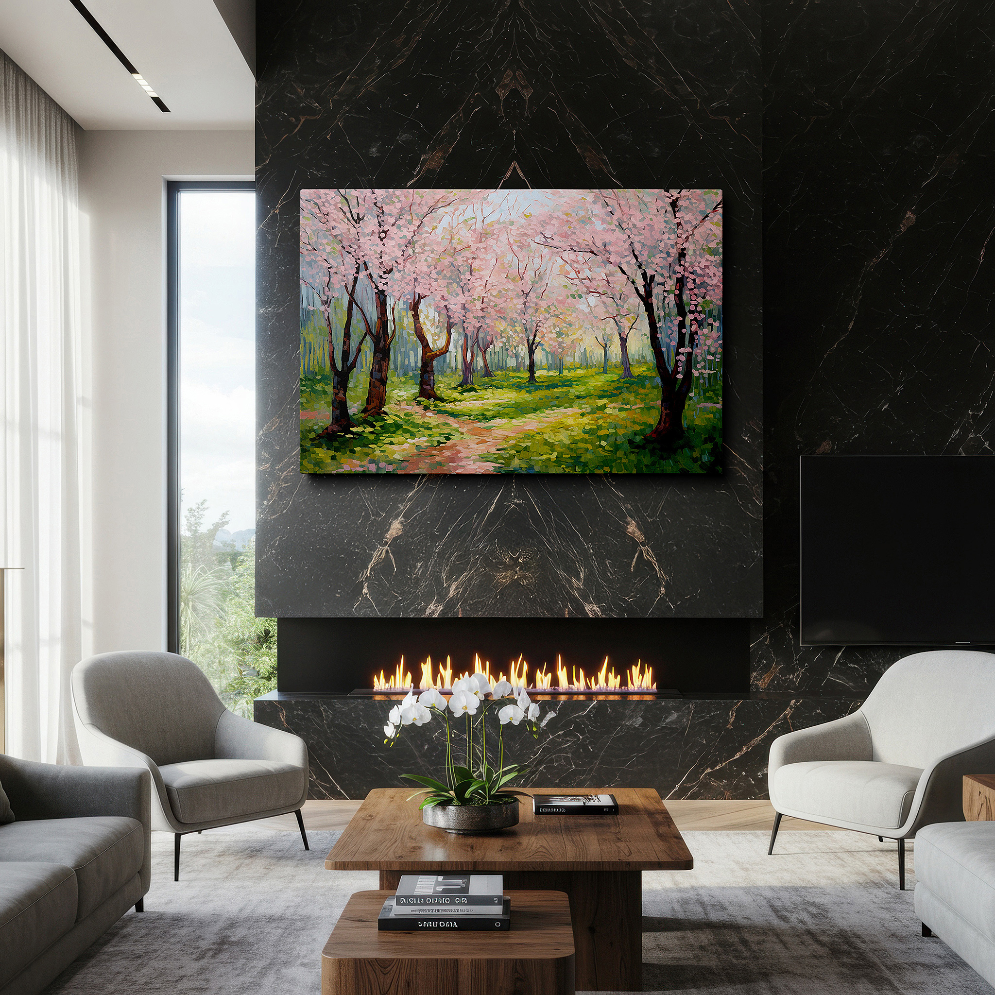 Presented on a clean white gallery wall with ample space — enchanting cherry blossoms along a peaceful park path illuminated by gentle sunlight - large canvas wall art for office and bedroom decor