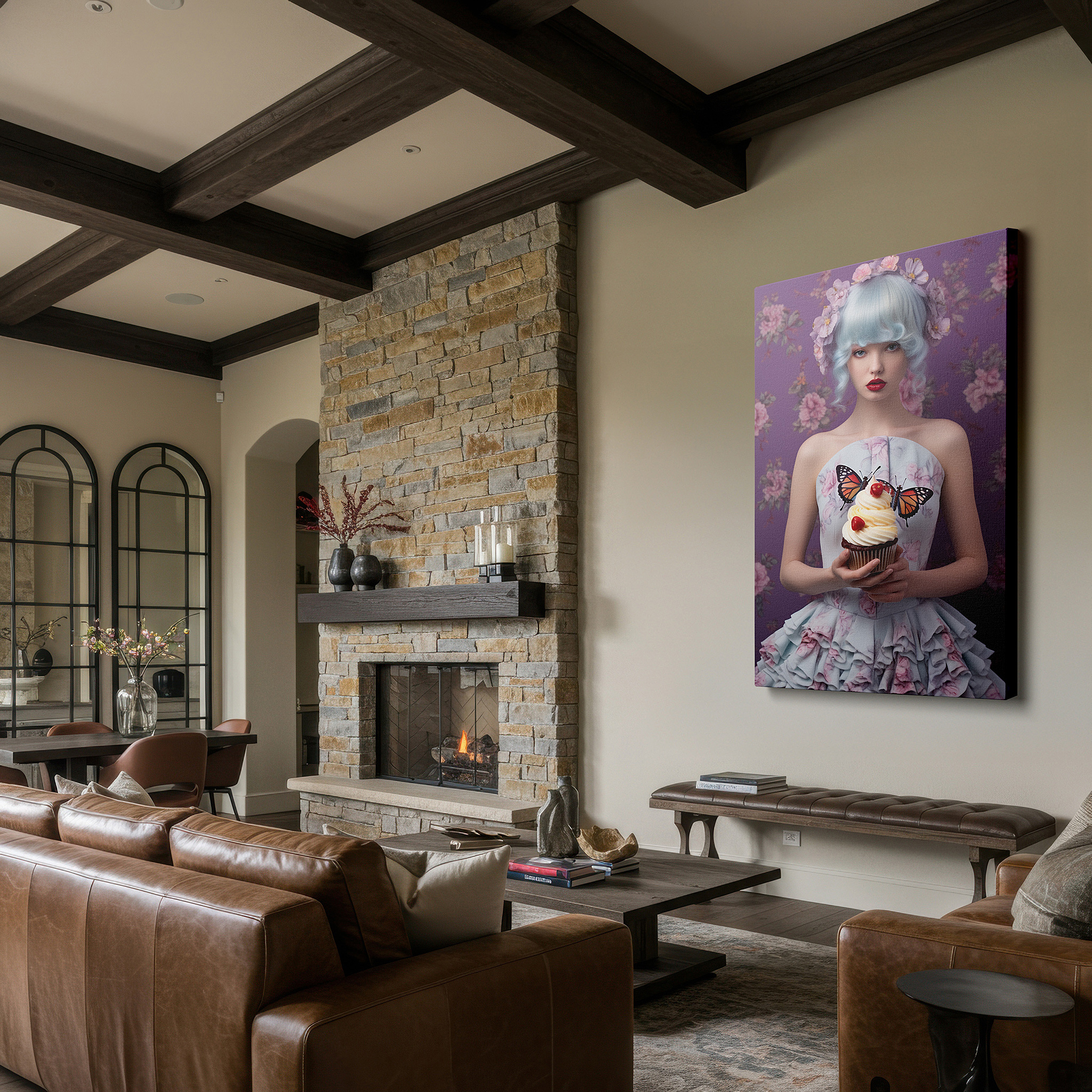 Presented on a clean white gallery wall with ample space — enchanting elegance in pastel blue with floral whispers, featuring butterflies and a sweet cupcake, large canvas wall art decor