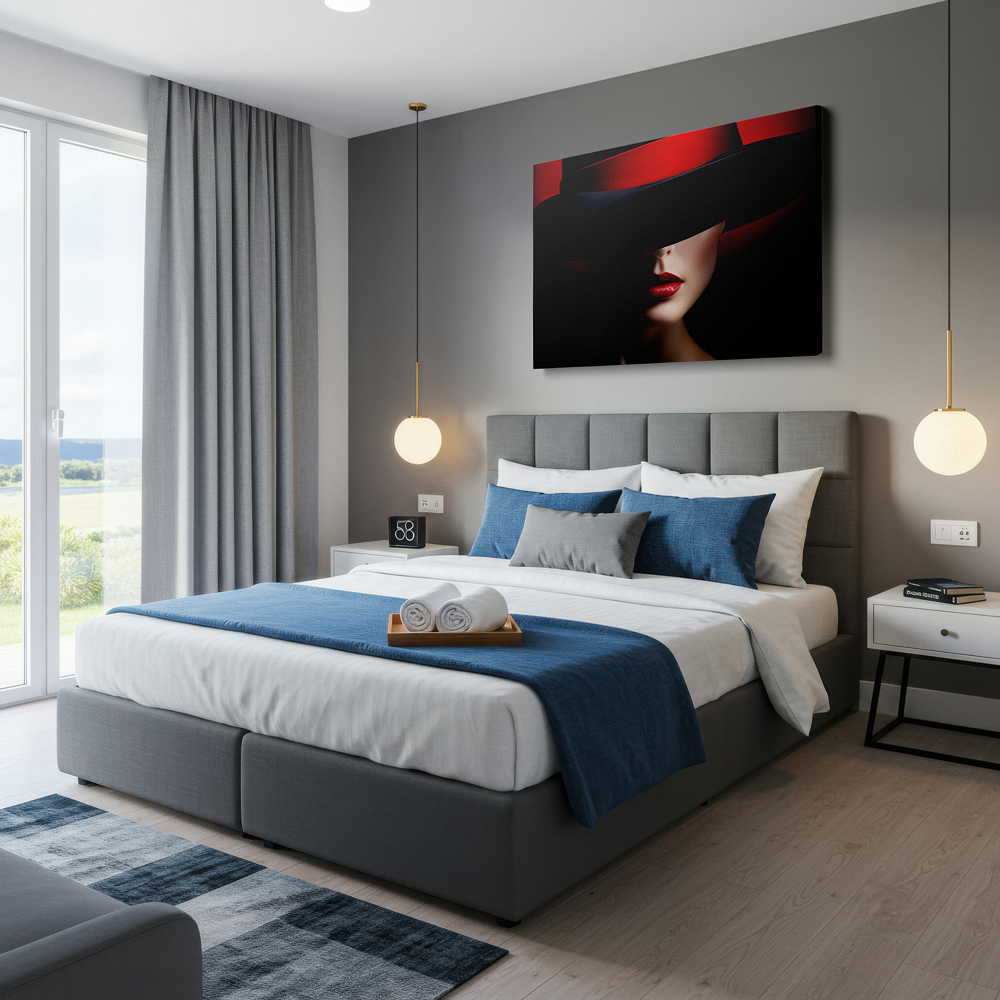 Presented on a clean white gallery wall with ample space — enigmatic charm: wide-brimmed hat shadow large wall art, canvas decor for office, bedroom, and living room