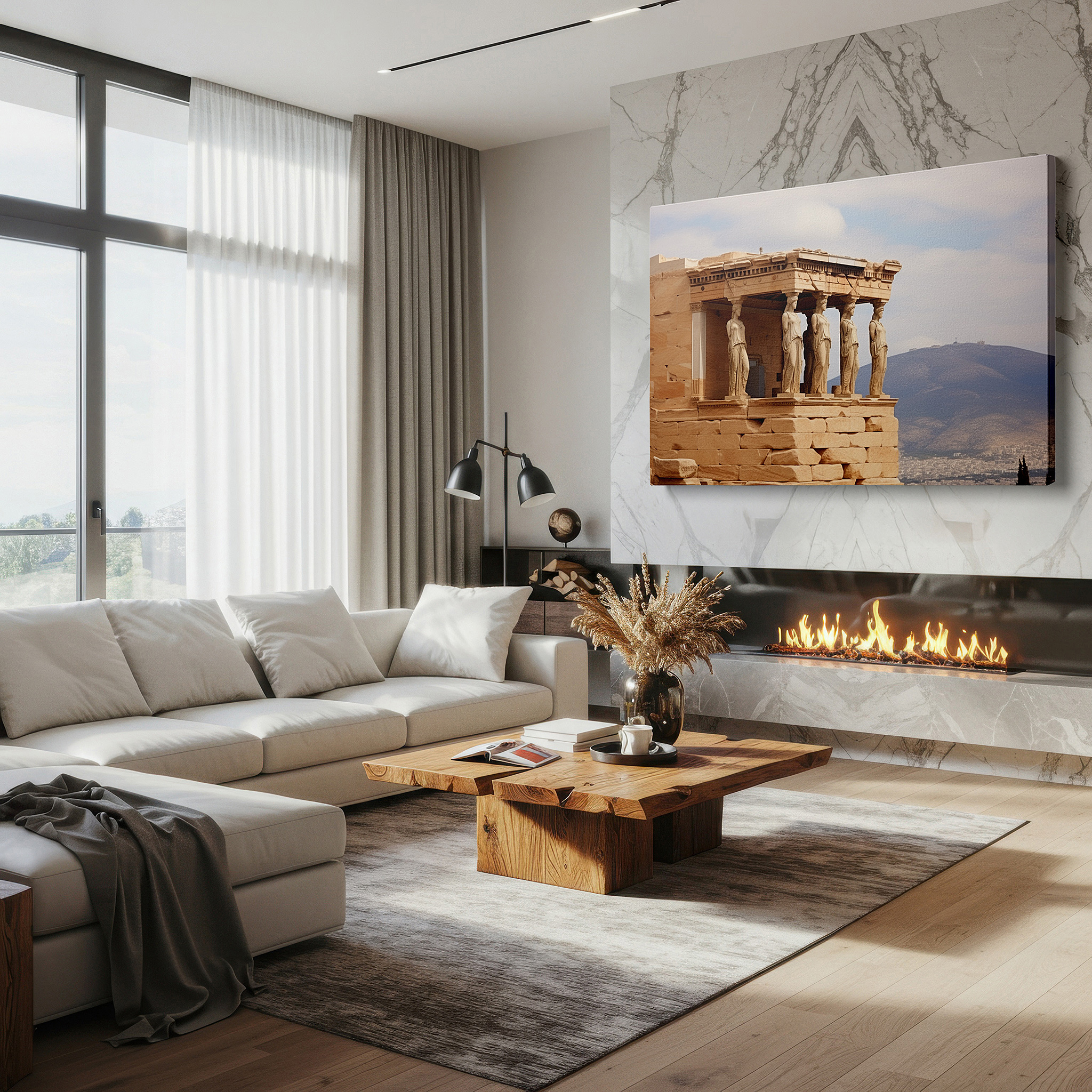 Presented on a clean white gallery wall with ample space — erechtheion's eternal grandeur: classic greek masterpiece featuring iconic caryatids - large wall art, canvas, wall decor, office art