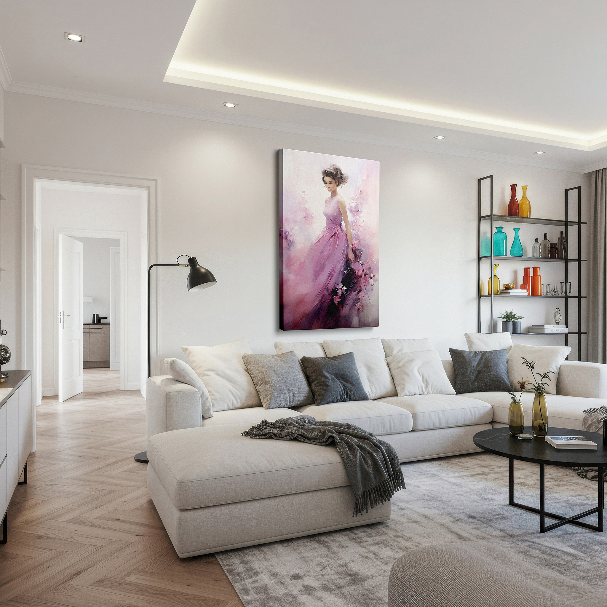 Presented on a clean white gallery wall with ample space — "ethereal grace" - a tranquil fusion of femininity and nature in gentle pastel shades, large wall art, canvas wall art, wall decor for office and bedroom