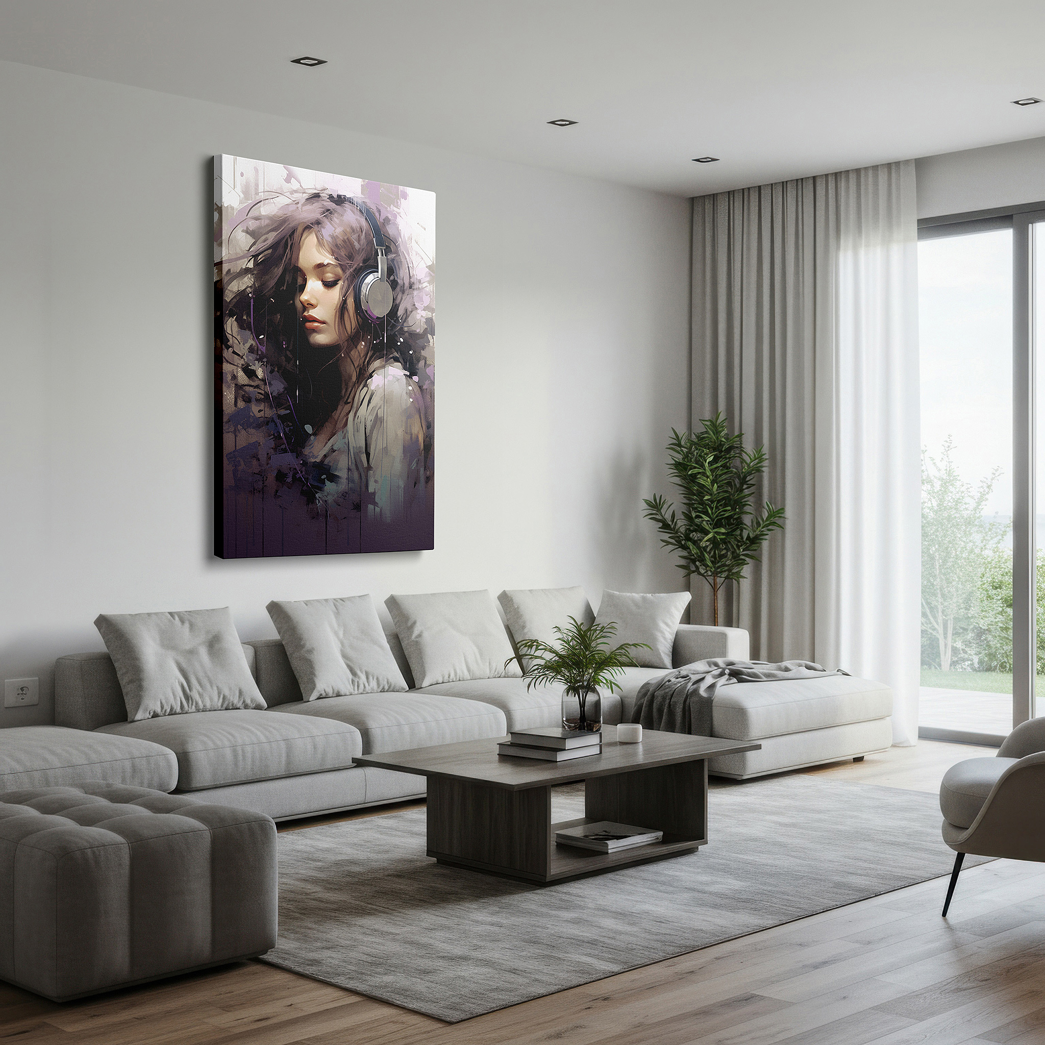 Presented on a clean white gallery wall with ample space — ethereal melodies: a young girl enveloped by music - large wall art, canvas wall art, wall decor for office and bedroom