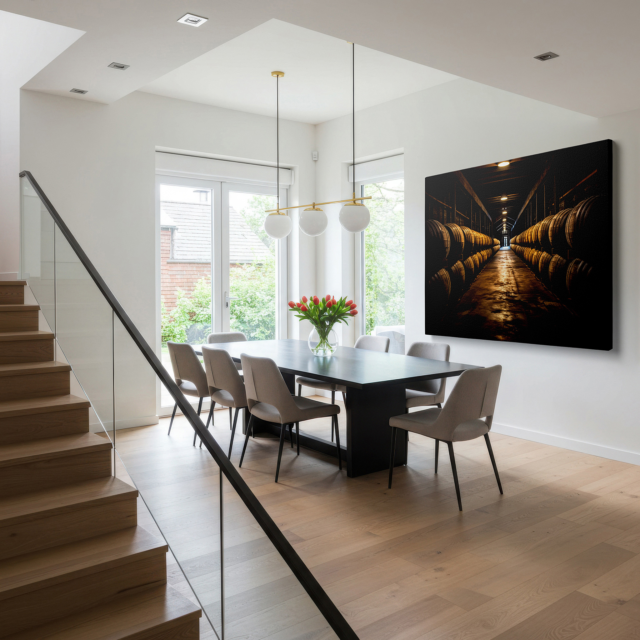 Presented on a clean white gallery wall with ample space — exploring time in a classic barrel room: a tribute to craftsmanship and coziness - large wall art, canvas wall art, wall decor for offices