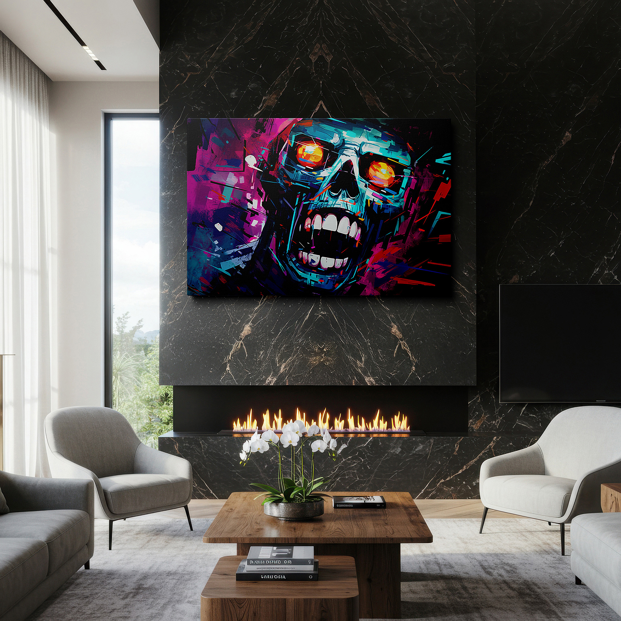 Presented on a clean white gallery wall with ample space — fiery-eyed skull amidst a kaleidoscope of chaos wall art, canvas art for office, bedroom, and living room decor