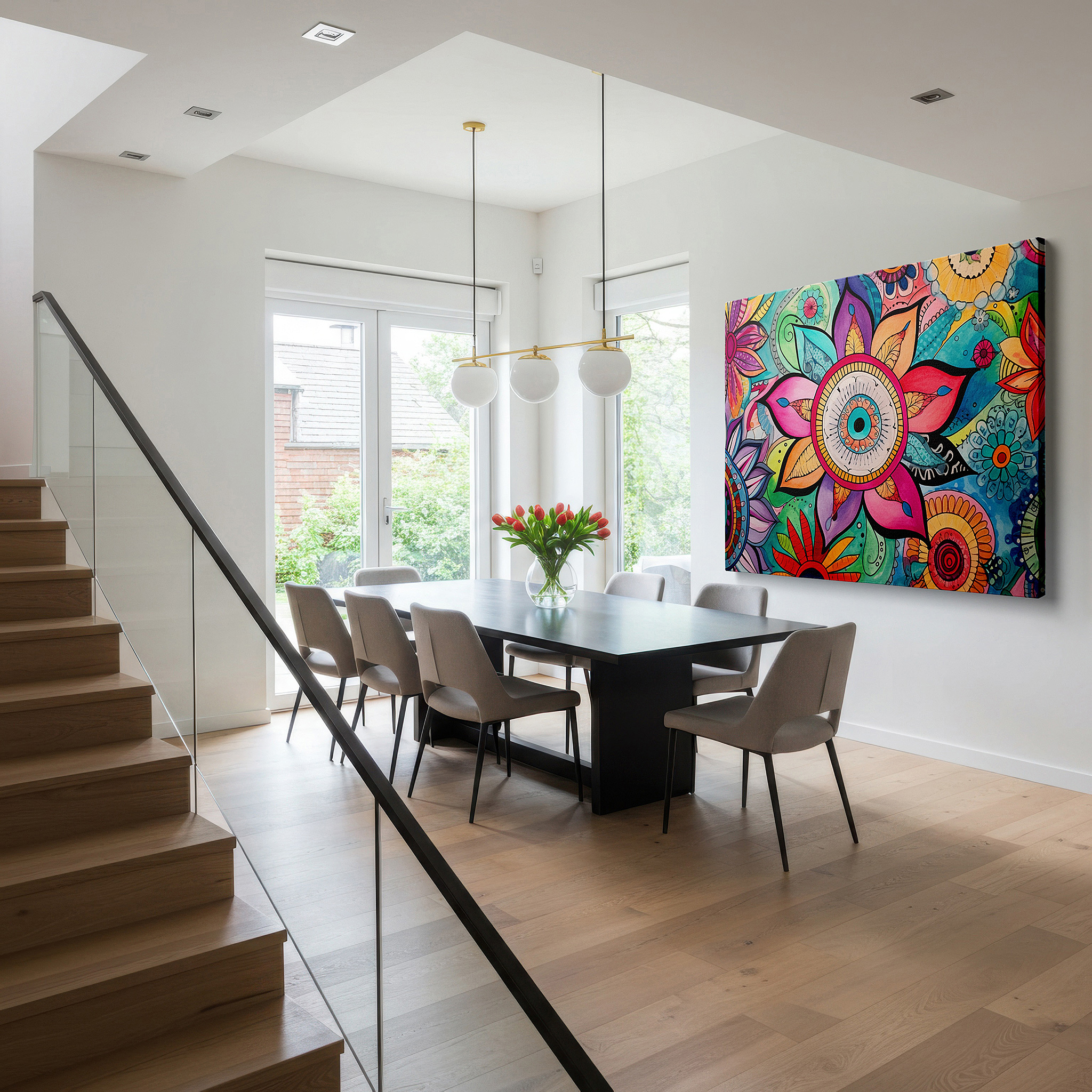 Presented on a clean white gallery wall with ample space — floral mandala vibrant symmetry: spiritual universe reflection large wall art, canvas wall decor for office and bedroom