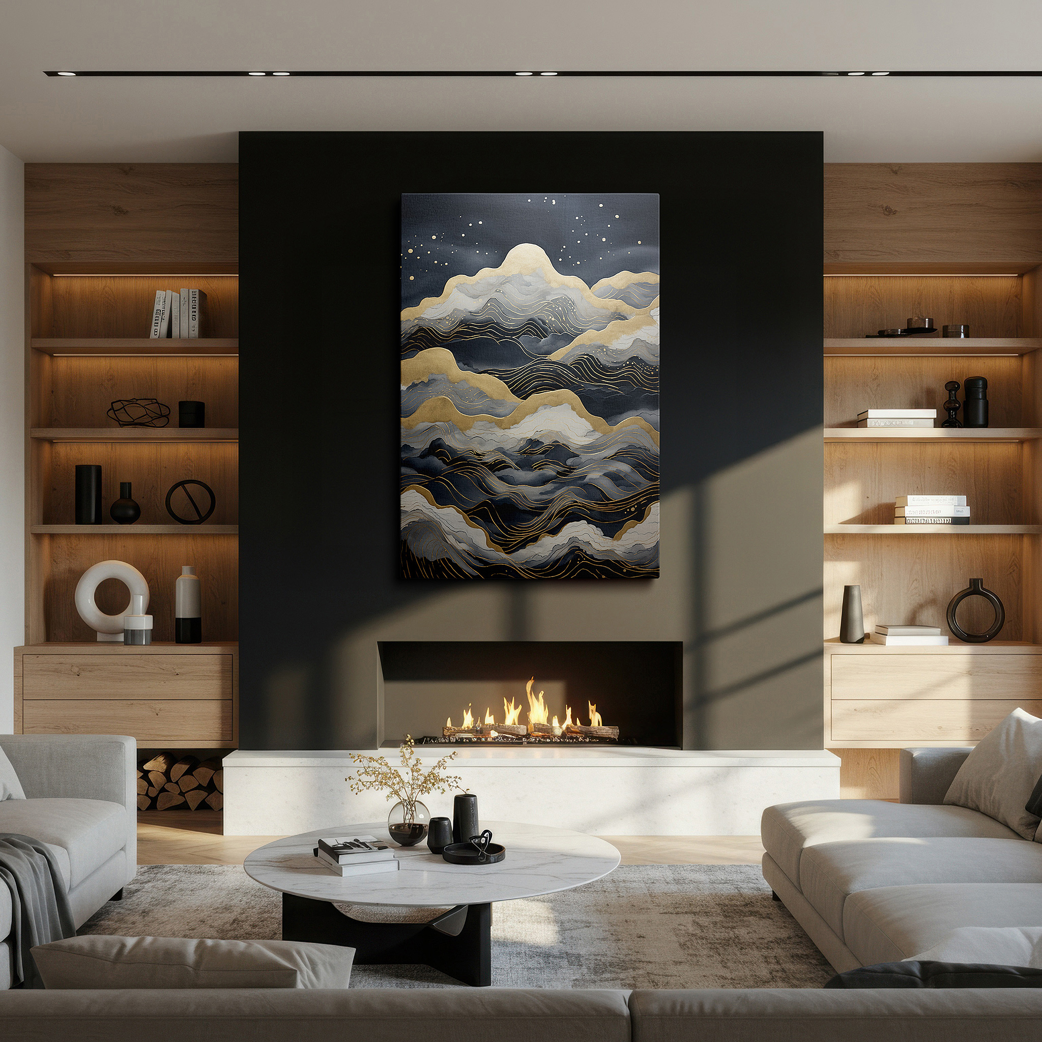 Presented on a clean white gallery wall with ample space — gold and blue oceanic waves: a masterpiece of movement and emotion - large canvas wall art for office and bedroom decor
