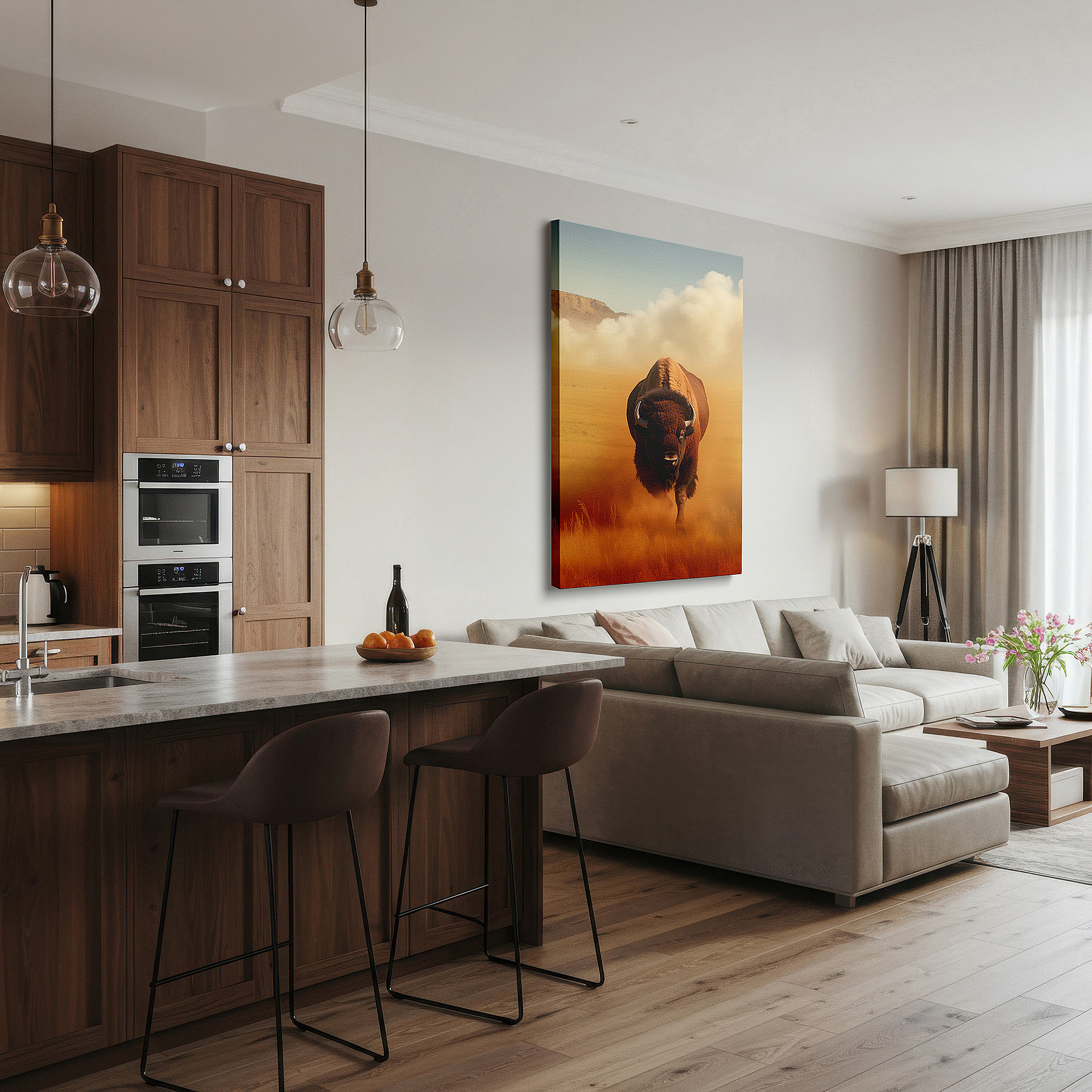 Presented on a clean white gallery wall with ample space — golden dust majestic bison, emblem of strength and freedom in the wild west, large canvas wall art for office decor