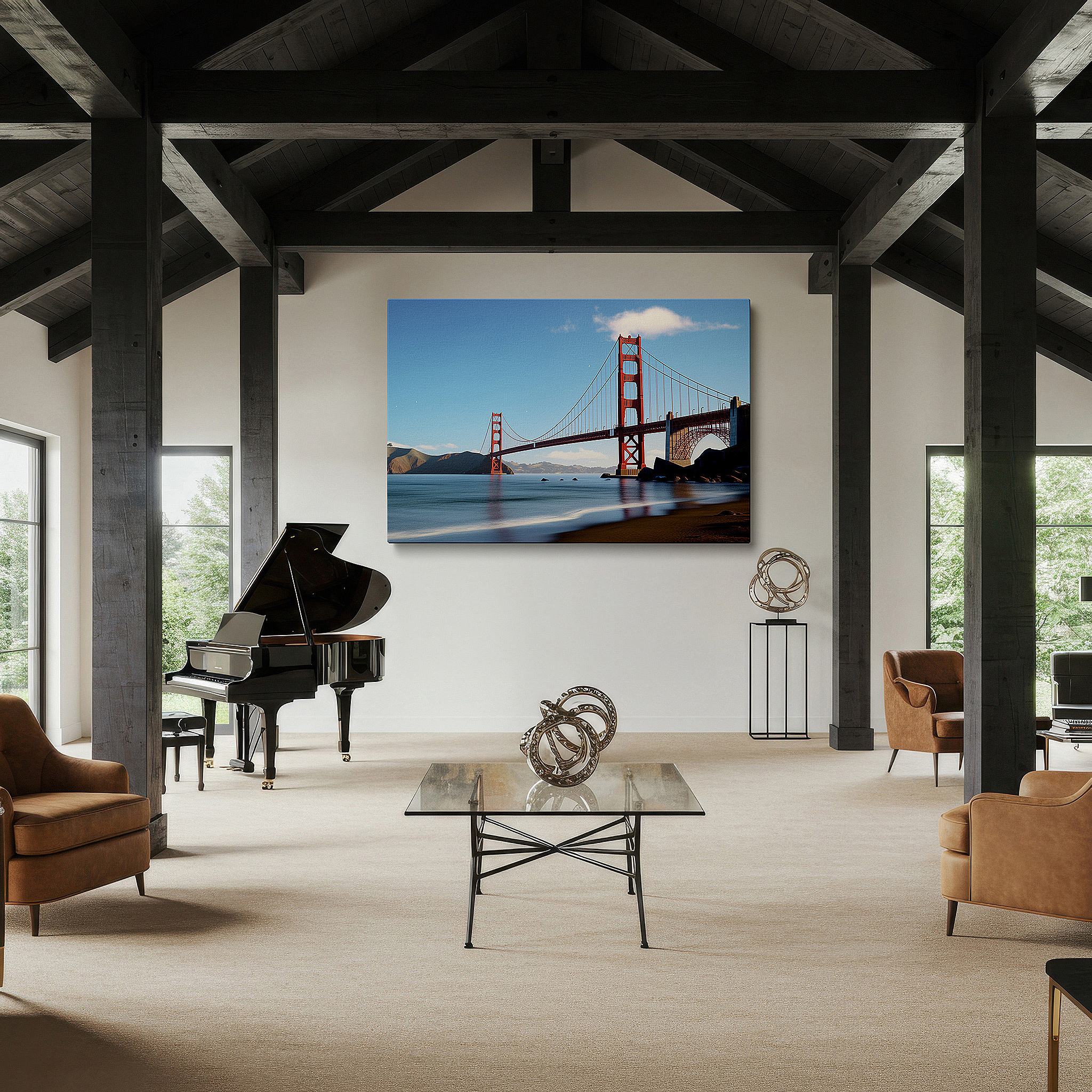 Presented on a clean white gallery wall with ample space — golden gate bridge - a majestic blend of engineering and natural beauty, large canvas wall art for home and office decor