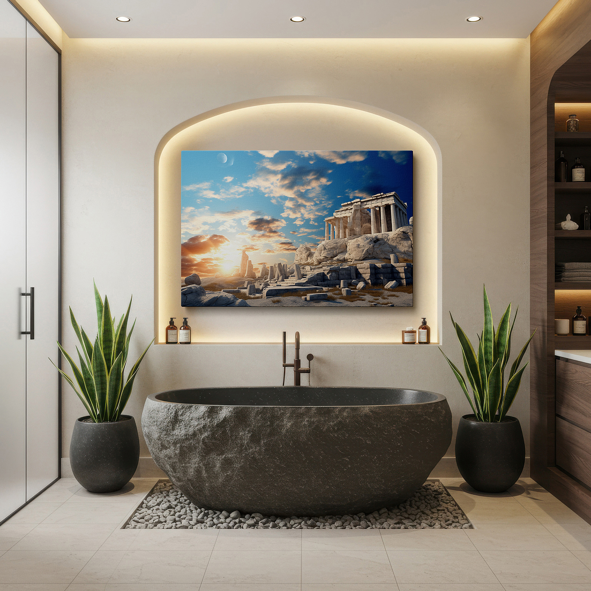 Presented on a clean white gallery wall with ample space — golden sunset at the parthenon - hyper-realistic digital homage to greek magnificence, large wall art, canvas wall art, wall decor, office wall art