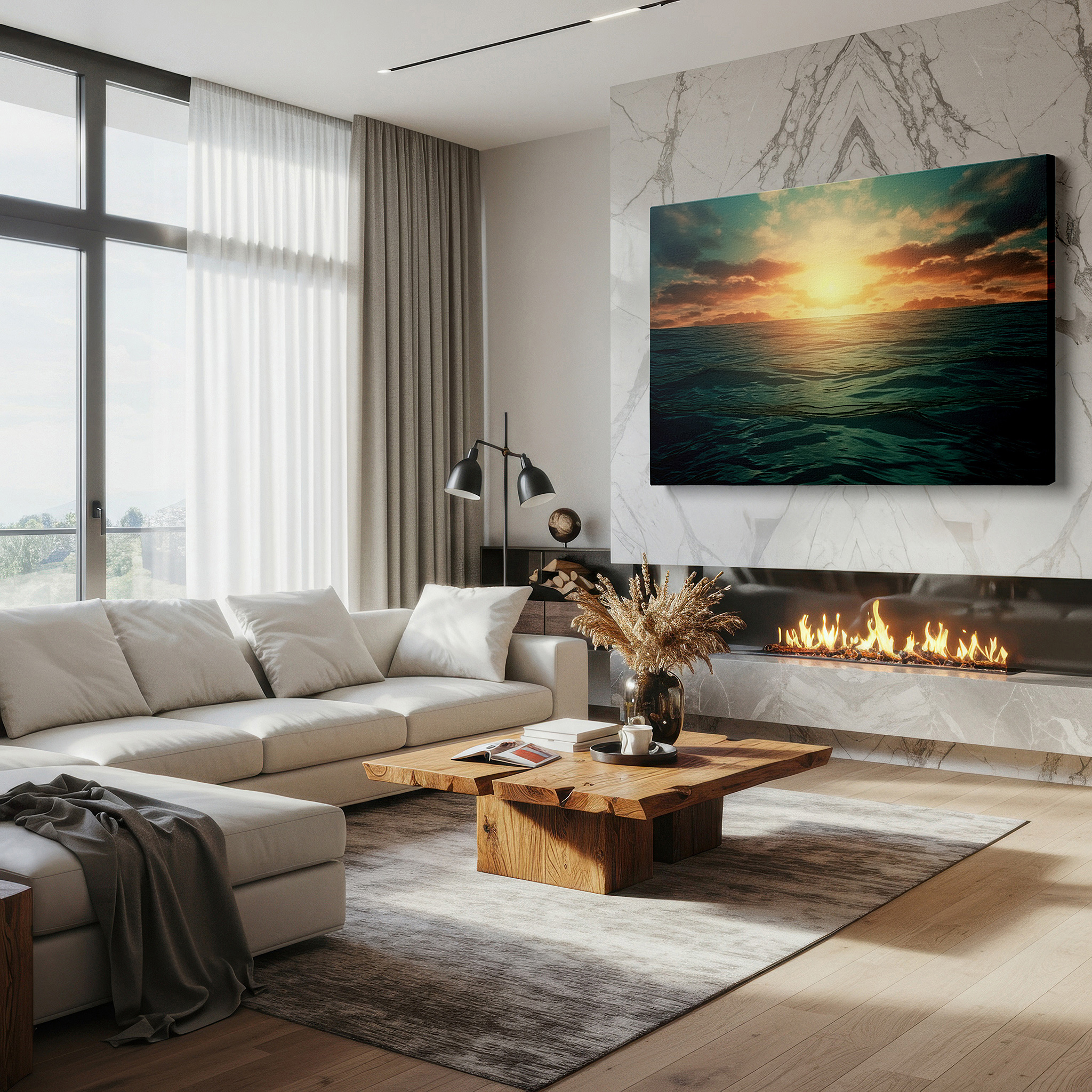Presented on a clean white gallery wall with ample space — golden sunset and tranquil turquoise ocean large canvas wall art for office and bedroom decor