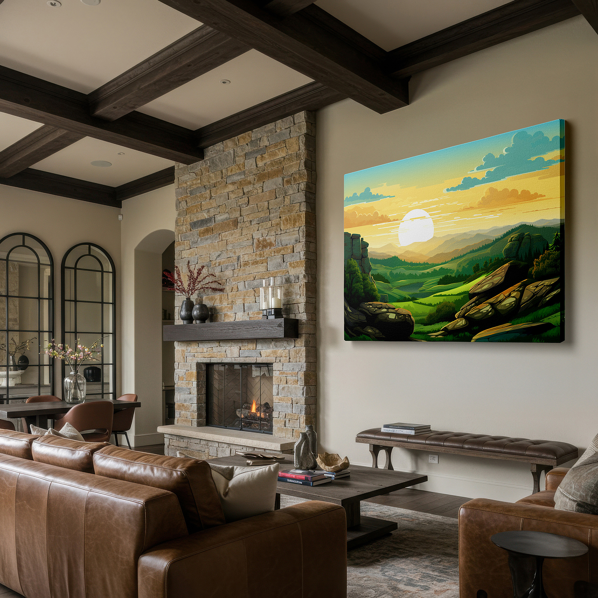 Presented on a clean white gallery wall with ample space — inspiring sunrise above majestic cliffs: serene and energizing large wall art for inspiring spaces, canvas wall art, wall decor for offices