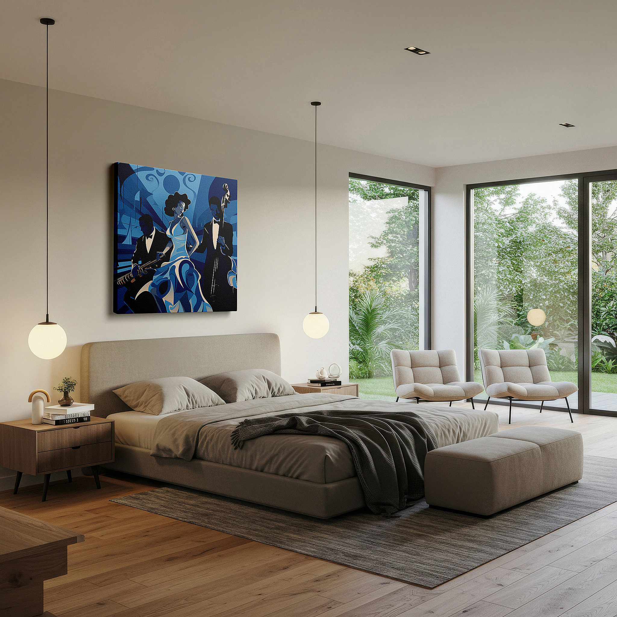 Presented on a clean white gallery wall with ample space — jazz trio soulful blues large wall art, serene shades canvas, live music essence wall decor for office