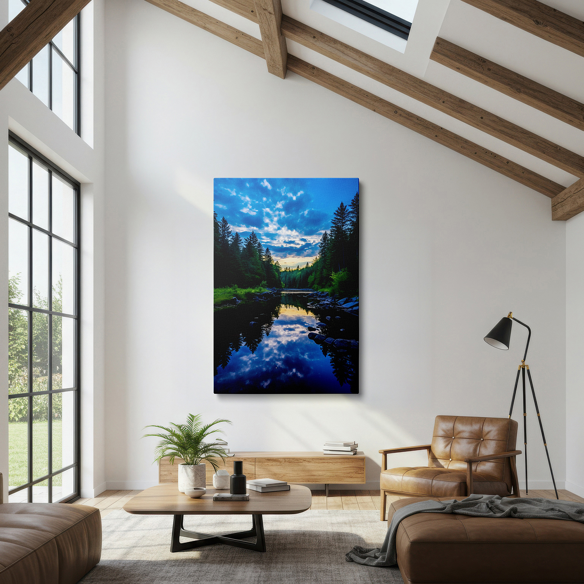 Presented on a clean white gallery wall with ample space — lakeside serenity: a vibrant nature symphony - large canvas wall art for living room, bedroom, or office decor