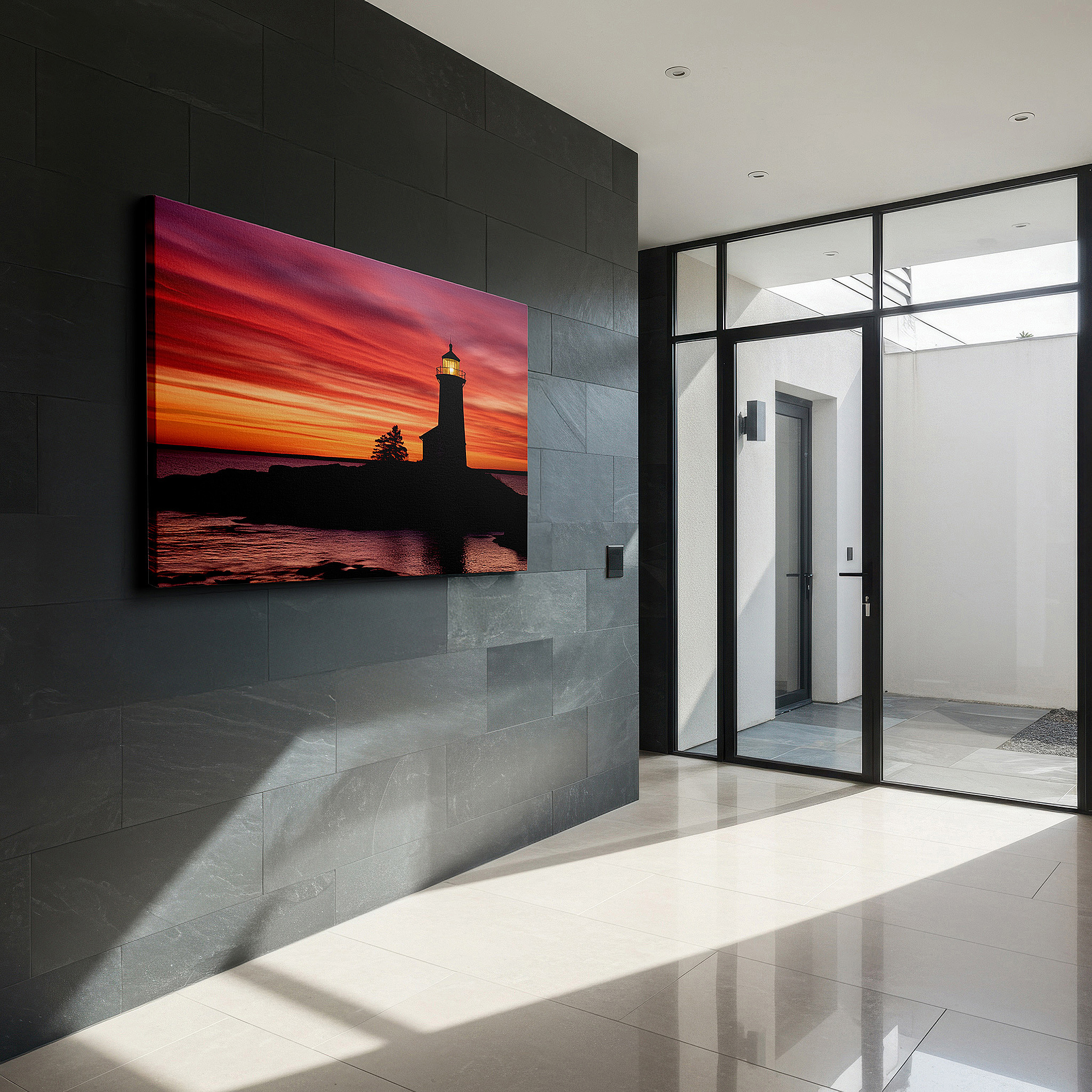 Presented on a clean white gallery wall with ample space — lighthouse beacon at sunset: a symbol of guidance and safety - large canvas wall art for office and bedroom decor