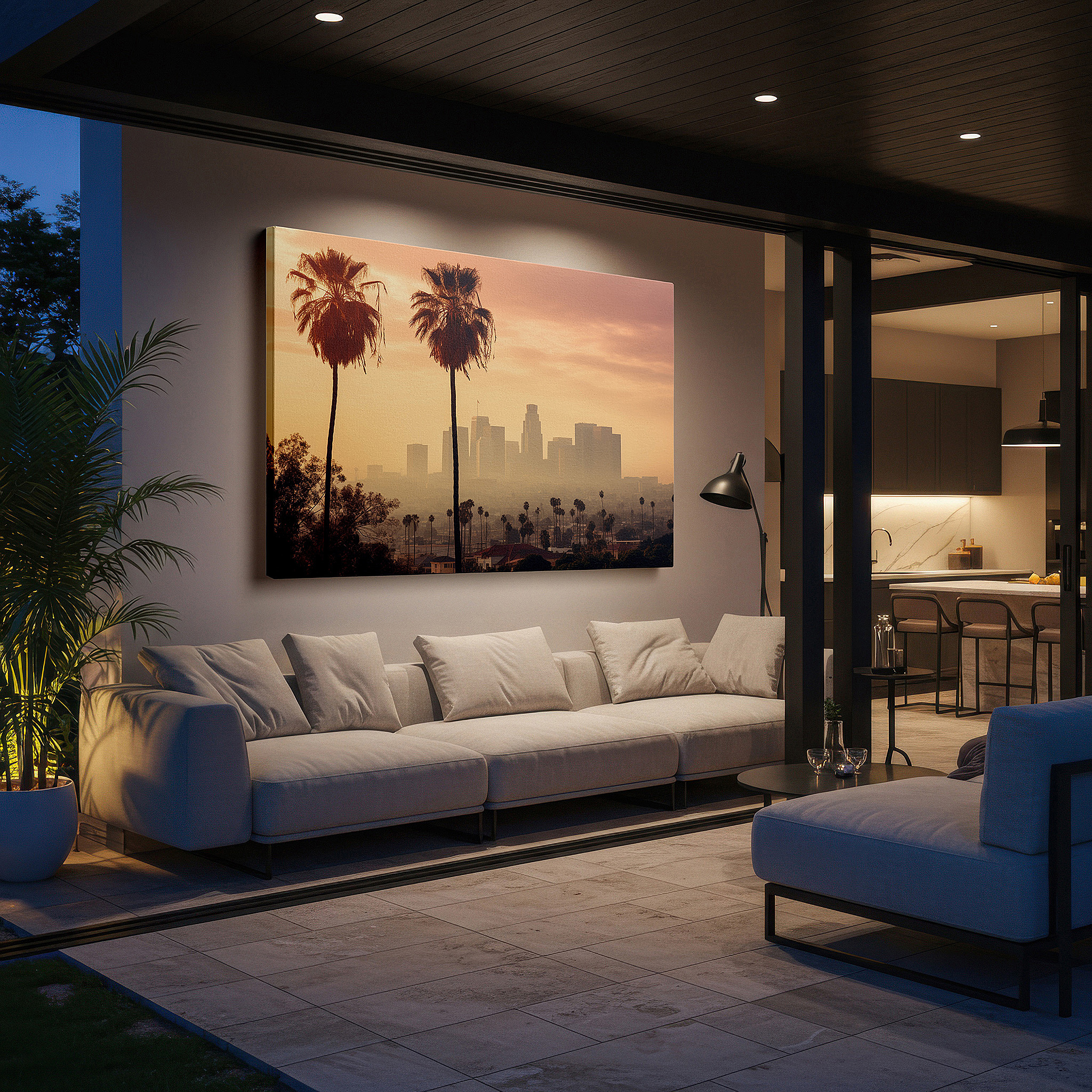 Presented on a clean white gallery wall with ample space — los angeles sunset wall art: serene city and nature fusion - large canvas for home and office decor, perfect for living room and bedroom