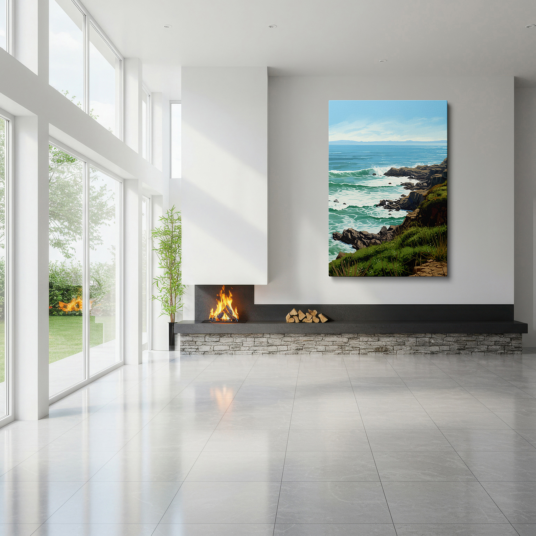 Presented on a clean white gallery wall with ample space — lush greenery and ocean's embrace beneath a wide blue sky: large wall art, canvas wall art, wall decor for office and bedroom