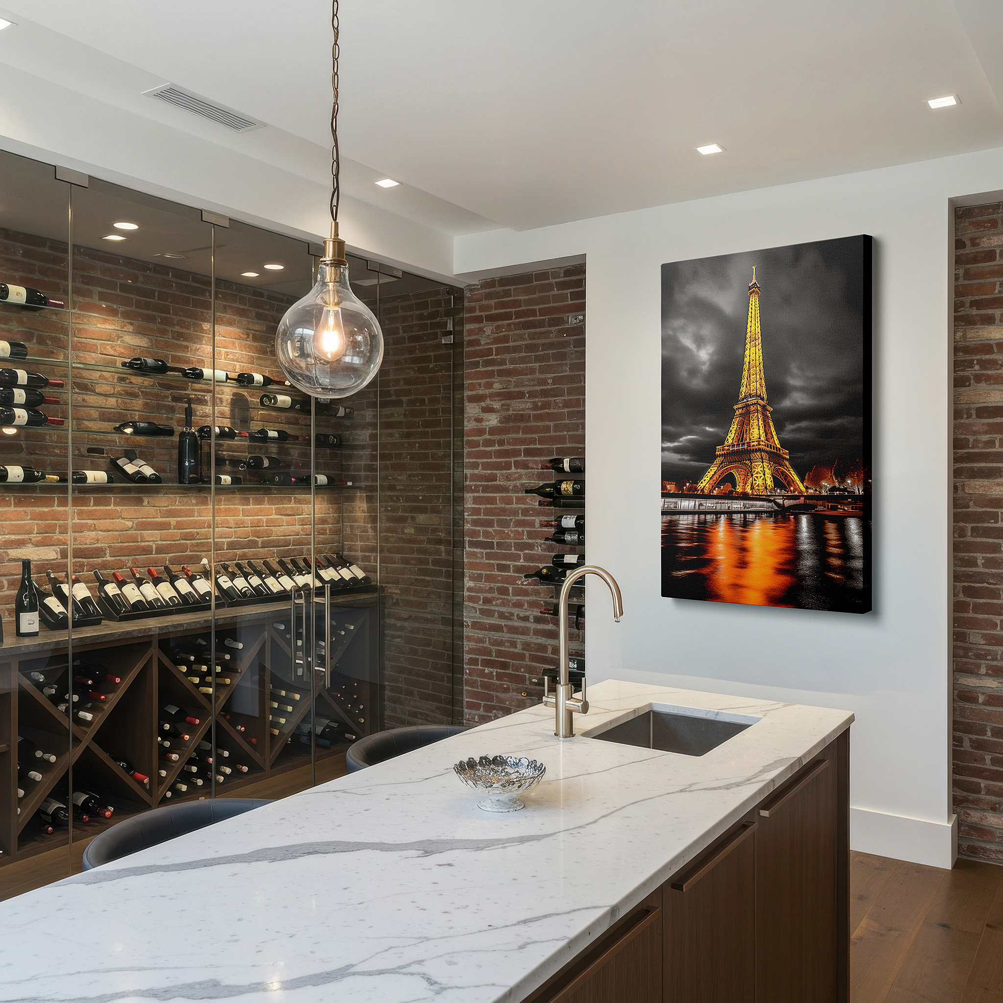 Presented on a clean white gallery wall with ample space — magical paris night sky and golden eiffel tower large canvas wall art for bedroom and office decor