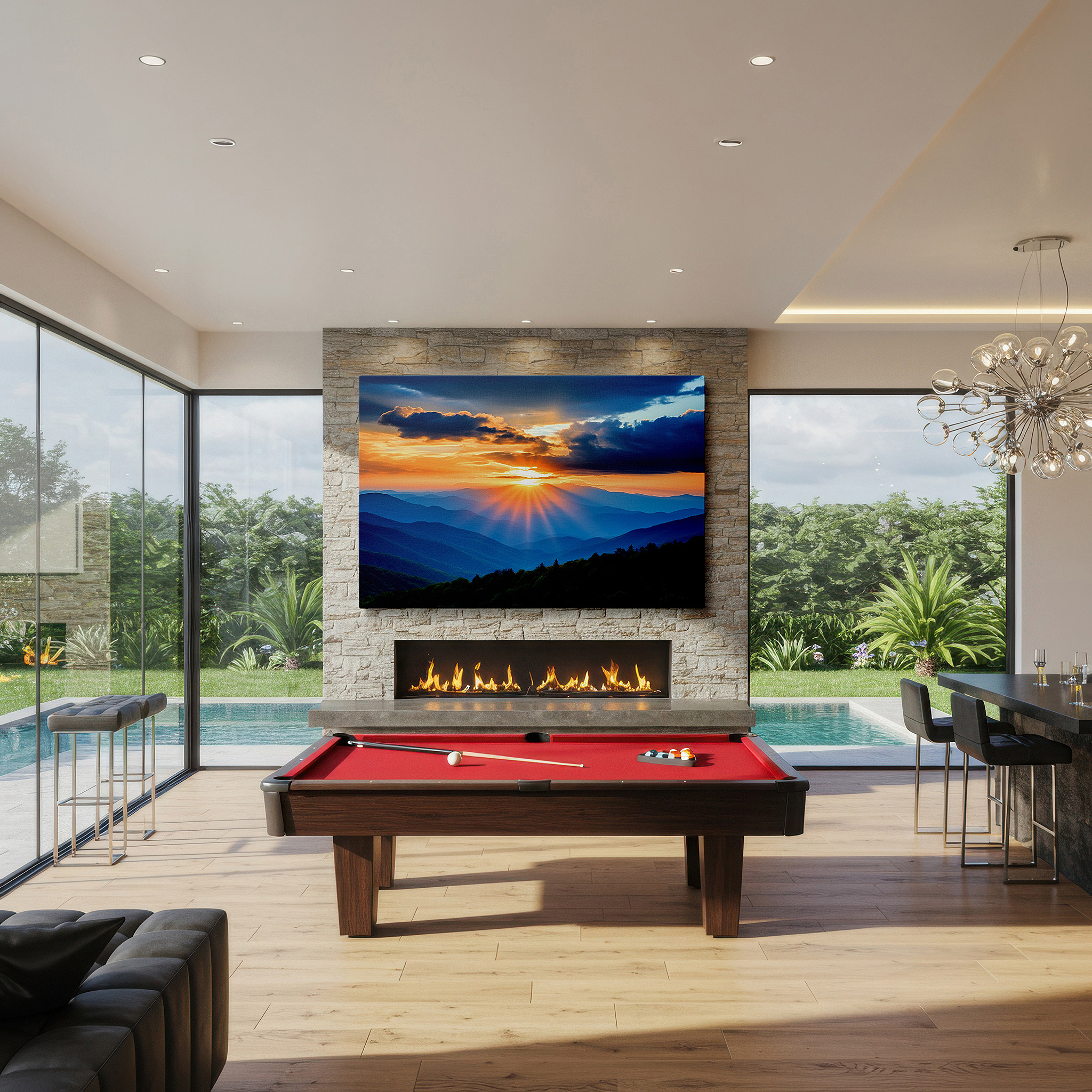 Presented on a clean white gallery wall with ample space — majestic mountain sunrise, tranquil dawn valley illumination large wall art, canvas wall art, wall decor for office and bedroom