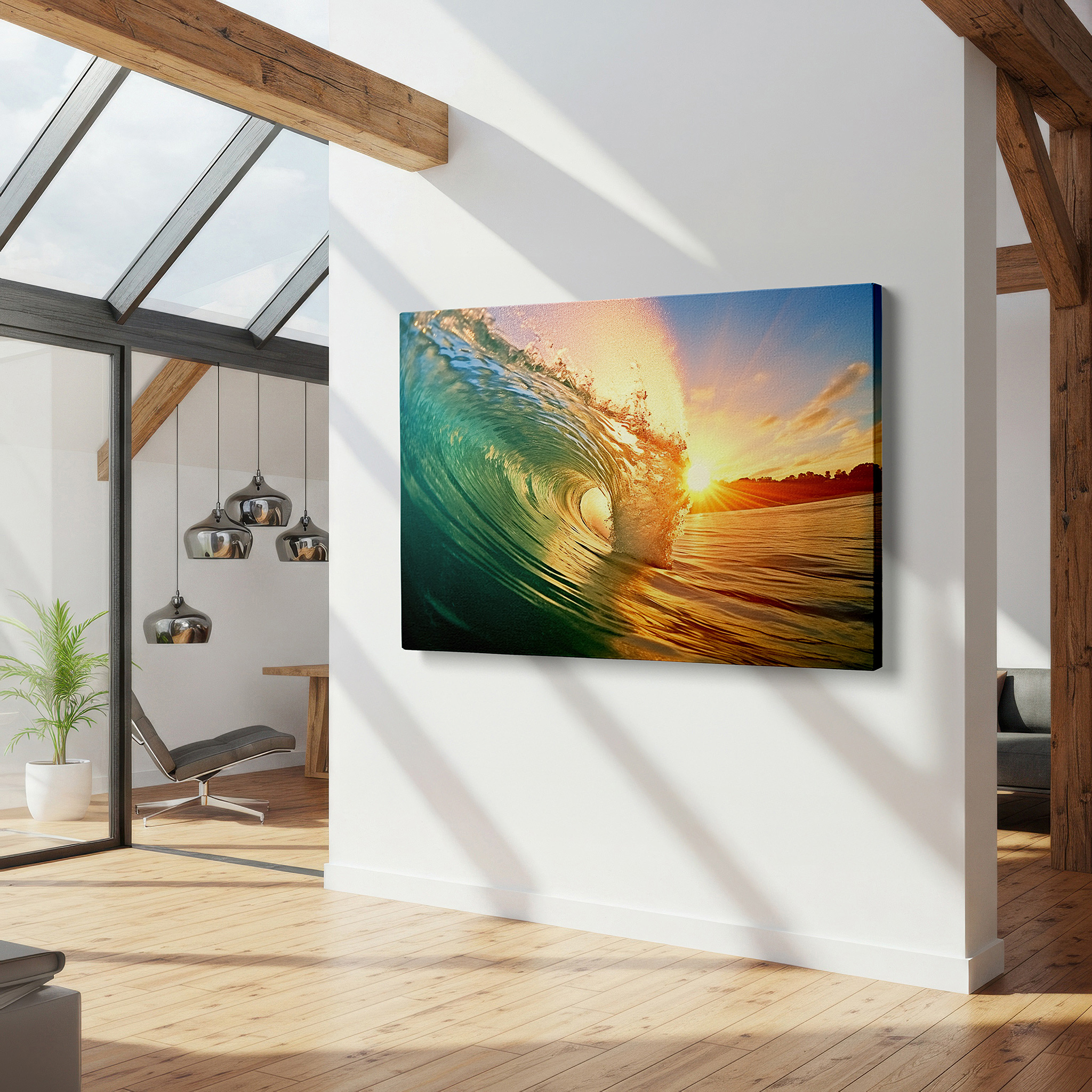 Presented on a clean white gallery wall with ample space — majestic sunset wave - serene and powerful nature scene large wall art, canvas wall art, wall decor for office, bedroom, and living room