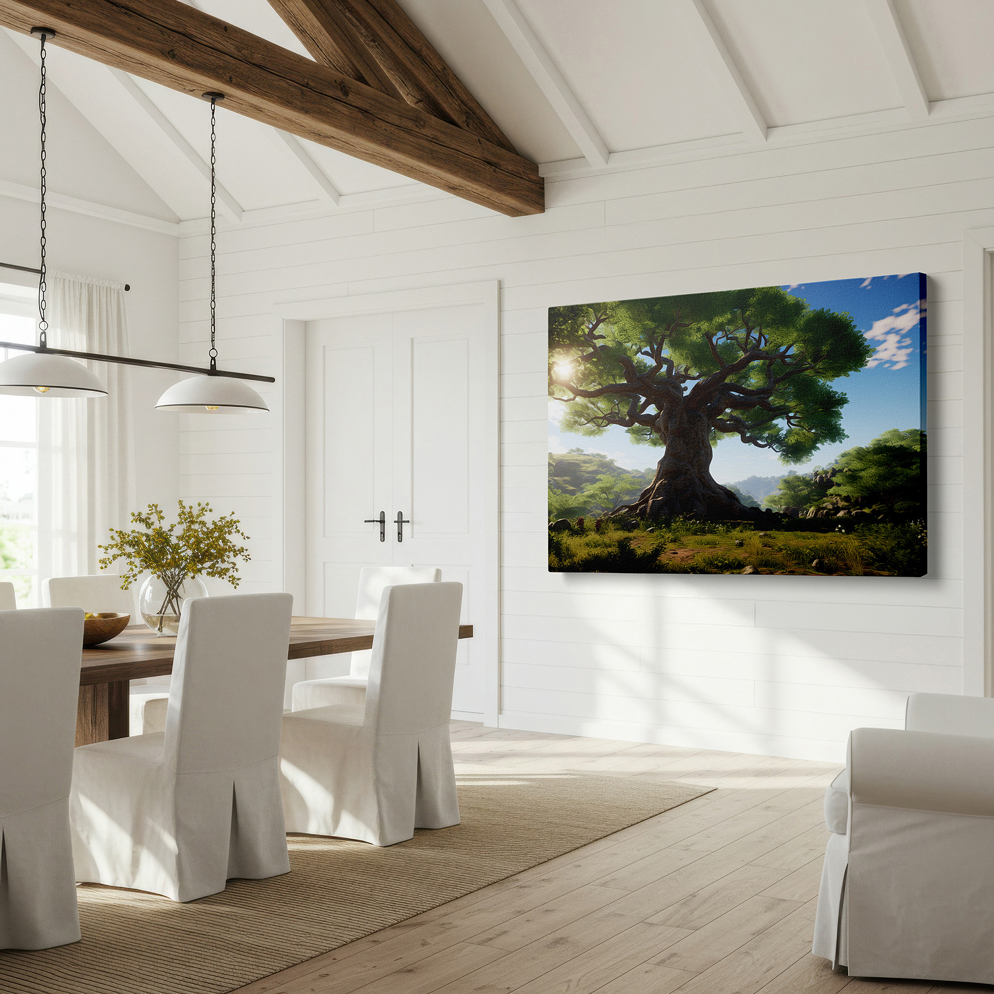 Presented on a clean white gallery wall with ample space — majestic tree amid green scenery under blue sky large wall art, canvas wall art, wall decor for office, bedroom, and living room