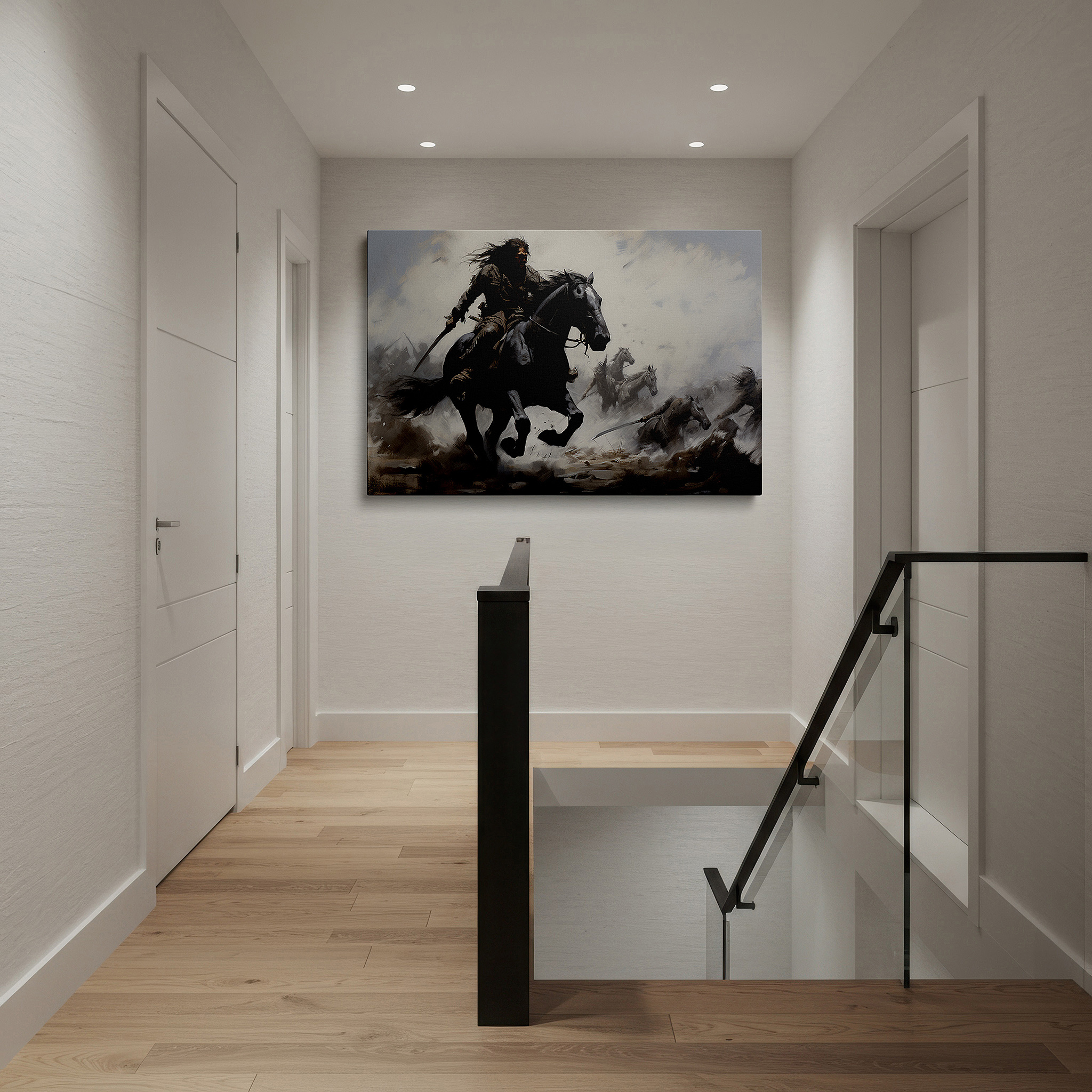 Presented on a clean white gallery wall with ample space — majestic warrior on black horse storms across battlefield center - large canvas wall art for office and bedroom decor