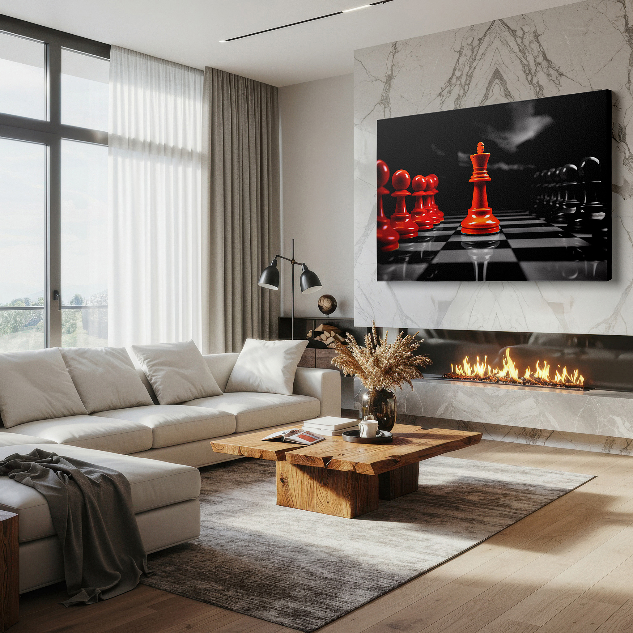 Presented on a clean white gallery wall with ample space — masterpiece chess set wall art displaying passion, power, and strategy - ideal for office and bedroom decor