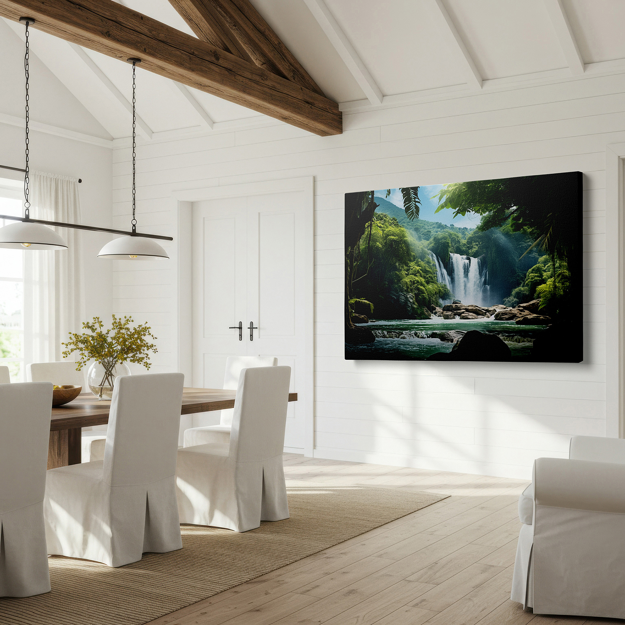Presented on a clean white gallery wall with ample space — mystical jungle and majestic waterfall large canvas wall art for office, bedroom, and living room decor