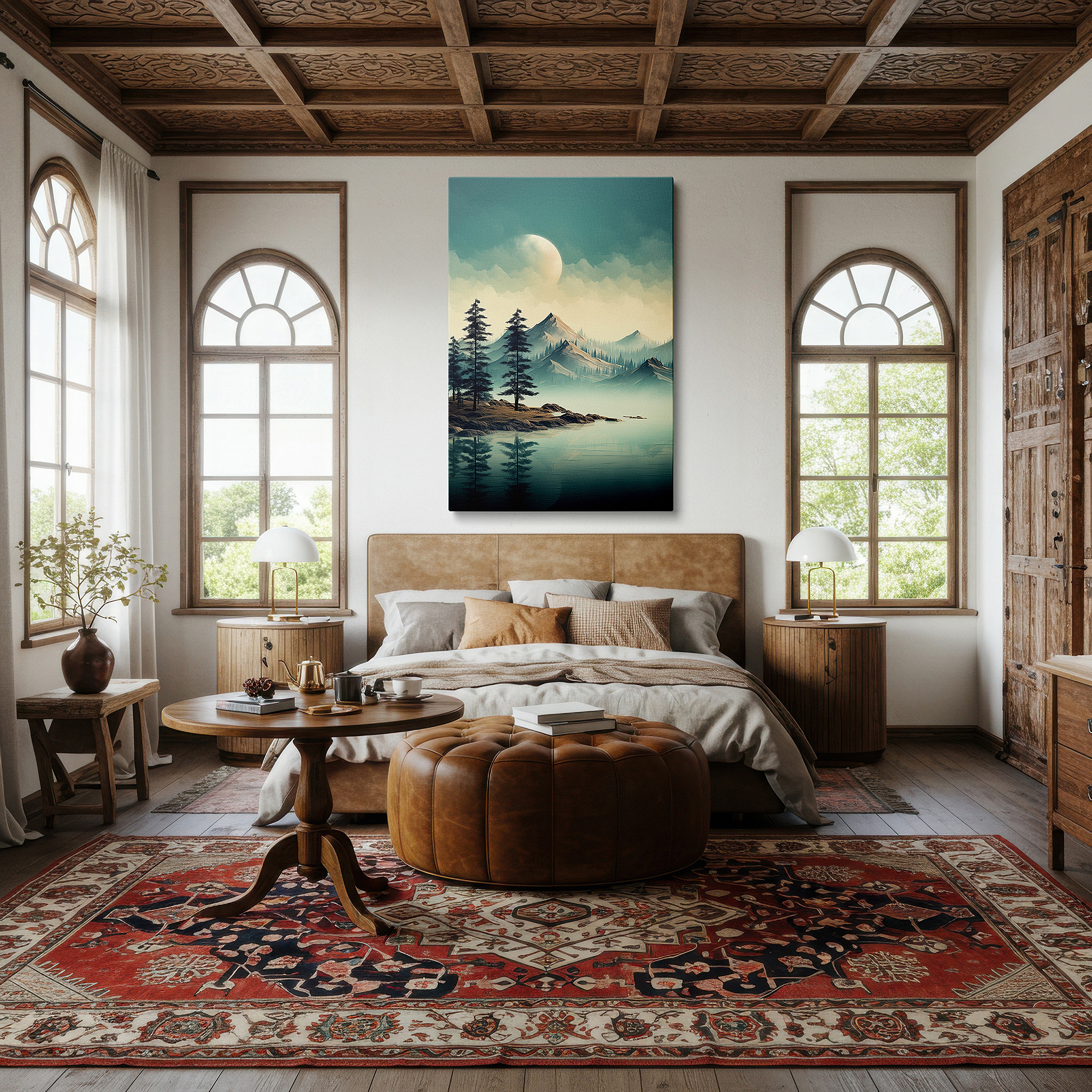 Presented on a clean white gallery wall with ample space — mystical twilight majesty on ethereal mountain large canvas wall art for office, bedroom, and living room decor