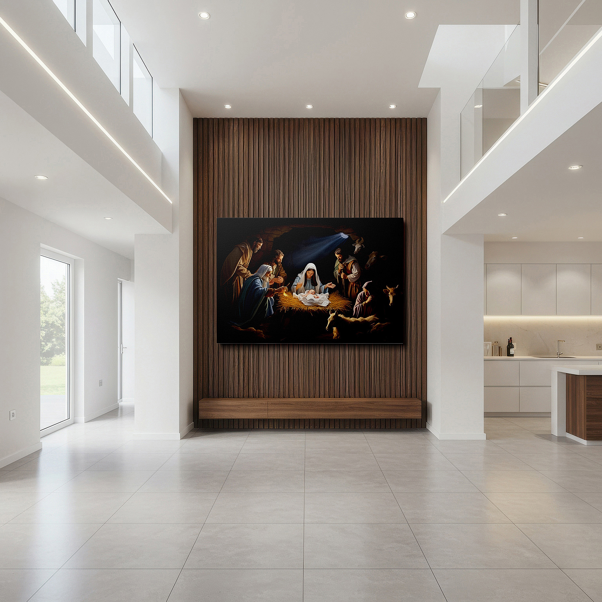 Presented on a clean white gallery wall with ample space — nativity scene wall art: a touching representation of mary, joseph, and baby jesus - large canvas for home or office decor