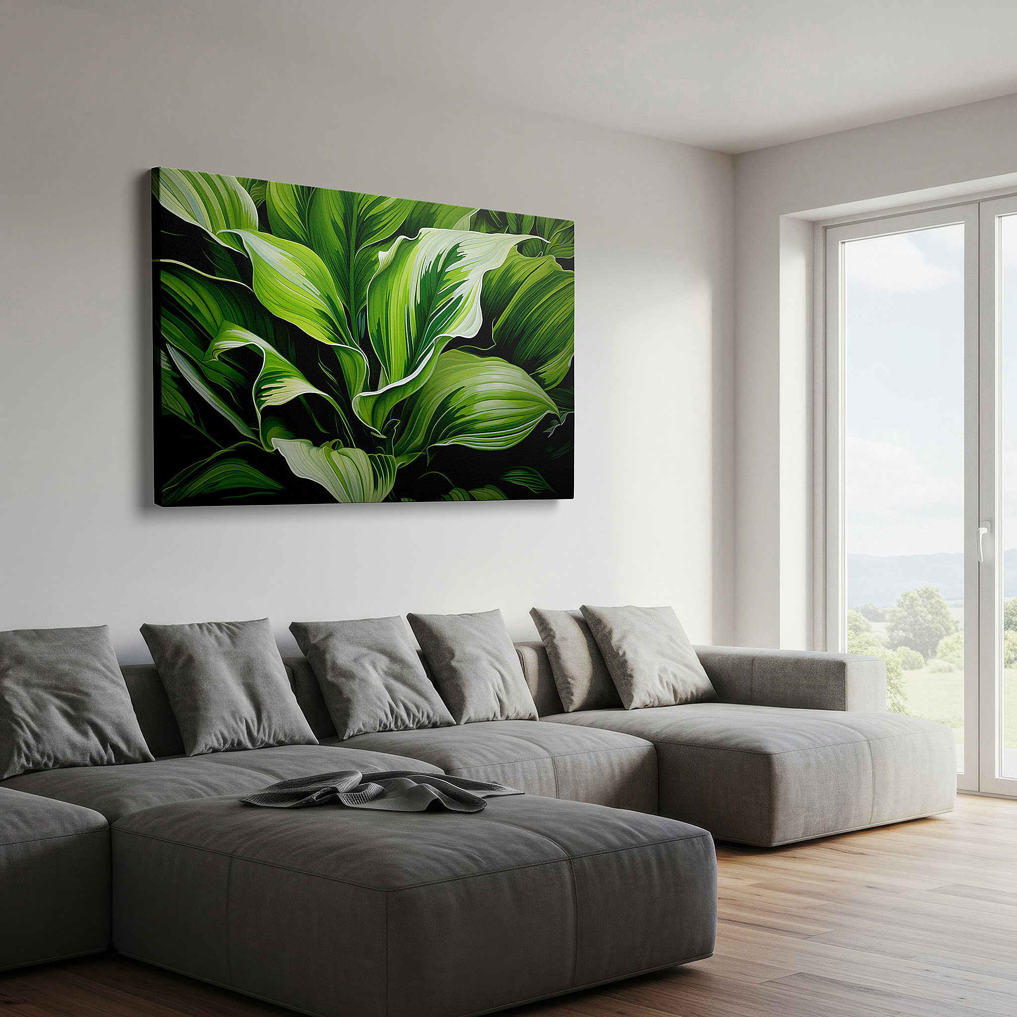 Presented on a clean white gallery wall with ample space — nature's palette: vibrant greens and detailed textures in large canvas wall art for home and office decor