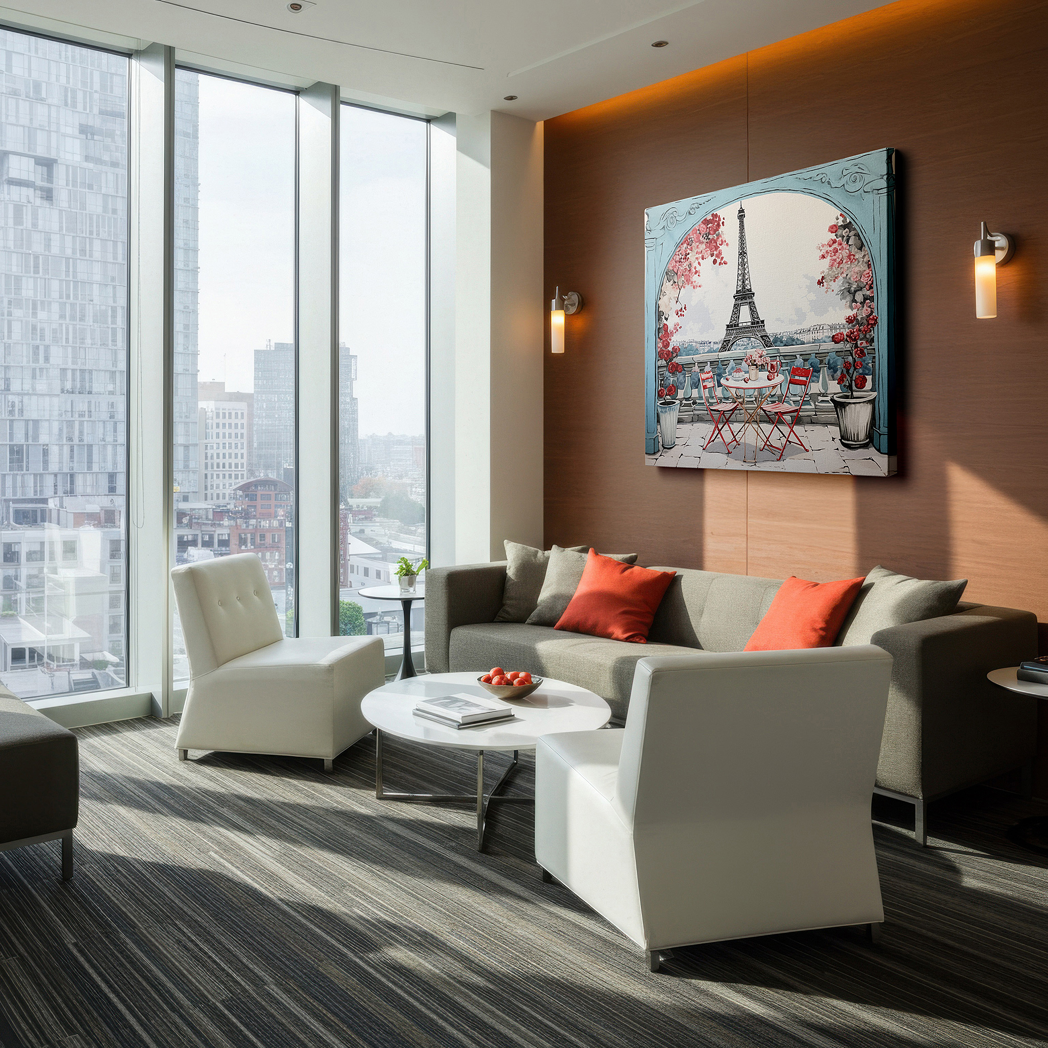 Presented on a clean white gallery wall with ample space — parisian charm: lively café and eiffel tower wall art, canvas decor for home and office