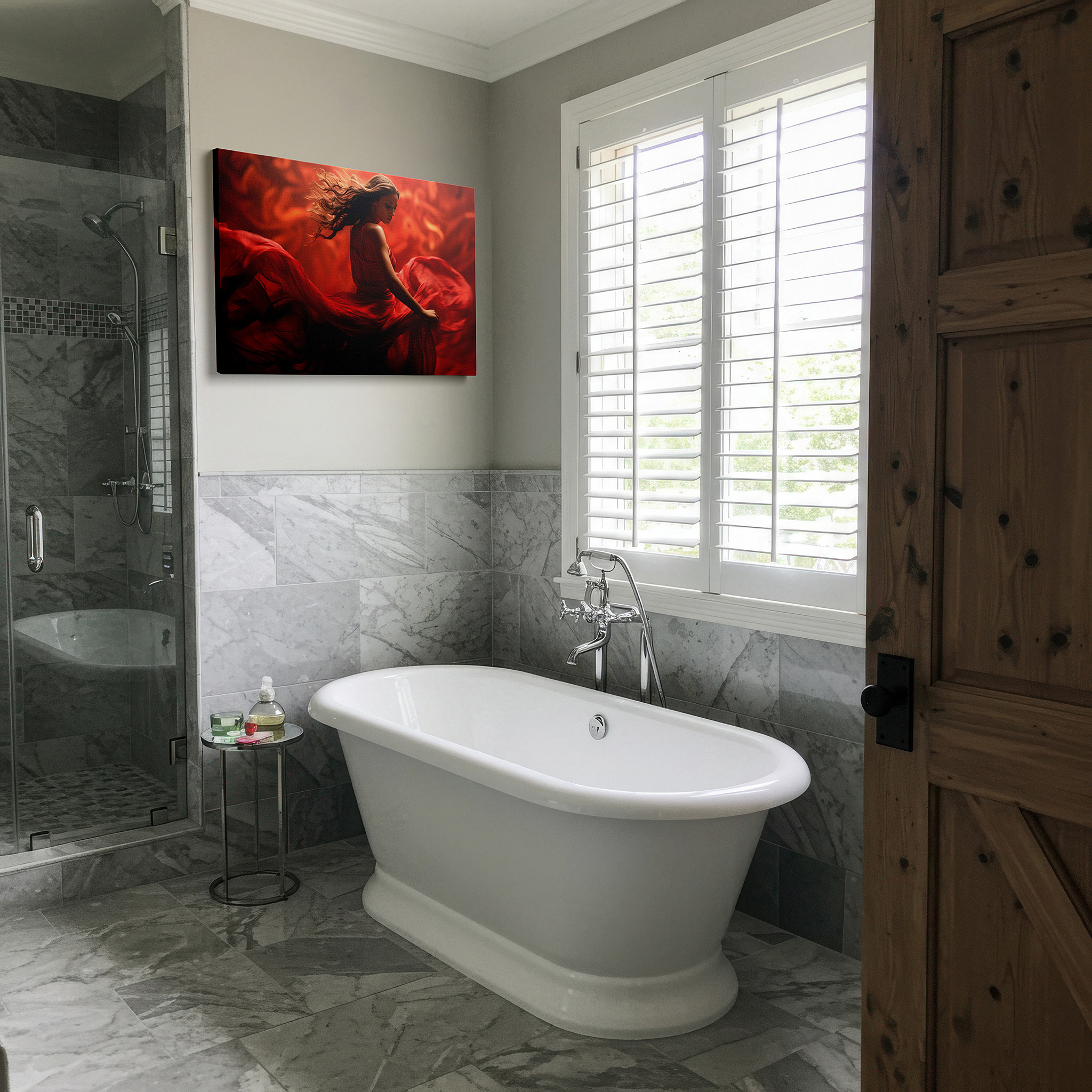 Presented on a clean white gallery wall with ample space — passionate dance in flowing red dress wall art, large canvas decor for office, bedroom, and living room